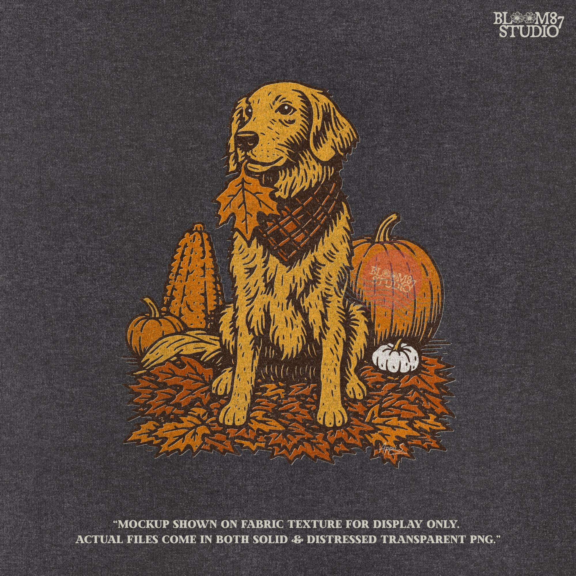 Illustration of a golden retriever dog with a scarf sitting among pumpkins, corn, and autumn leaves, perfect for fall sublimation and Thanksgiving décor designs