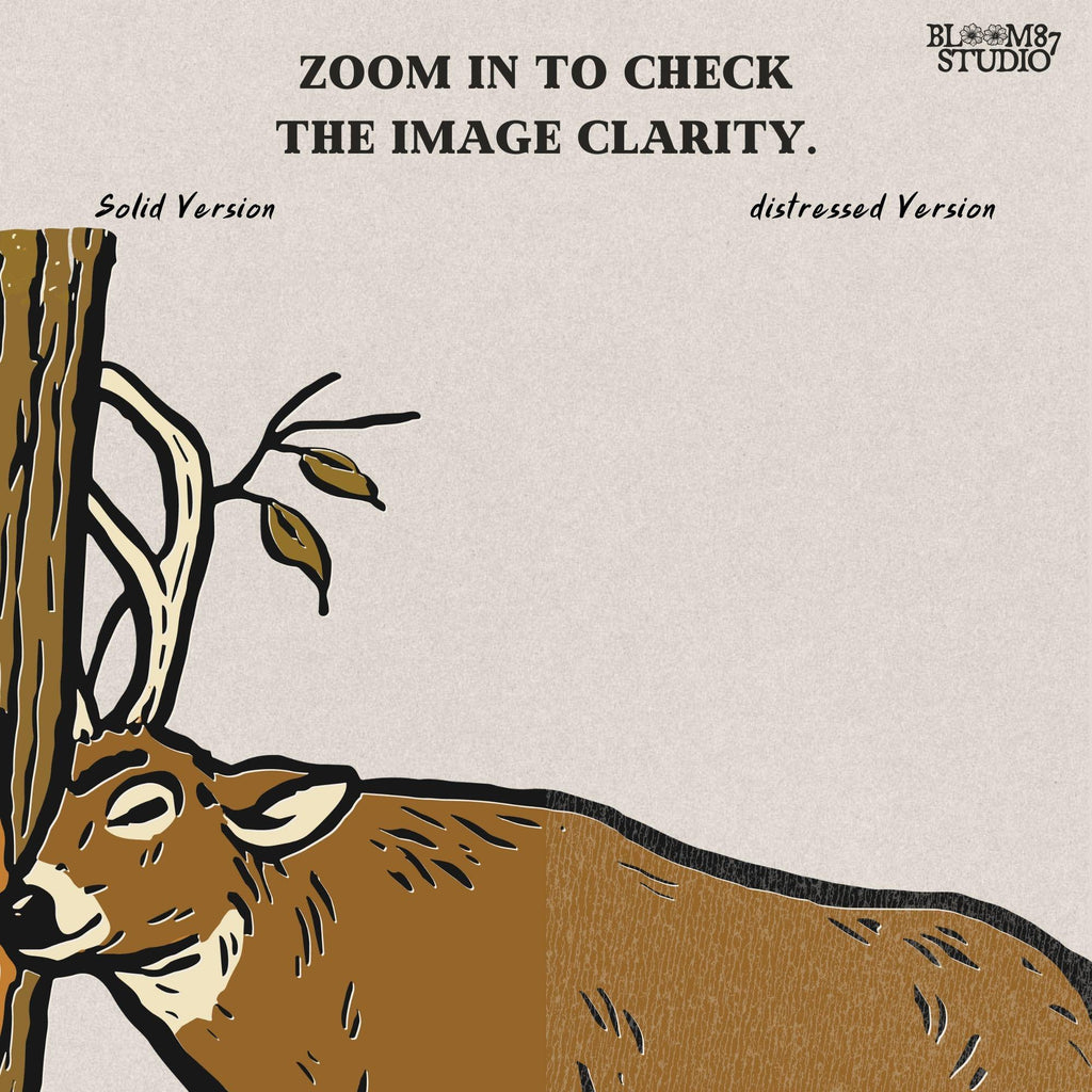 Illustration of a whitetail buck rubbing its antlers on a tree with autumn leaves on the ground, rustic hunting sublimation PNG design for shirts and décor