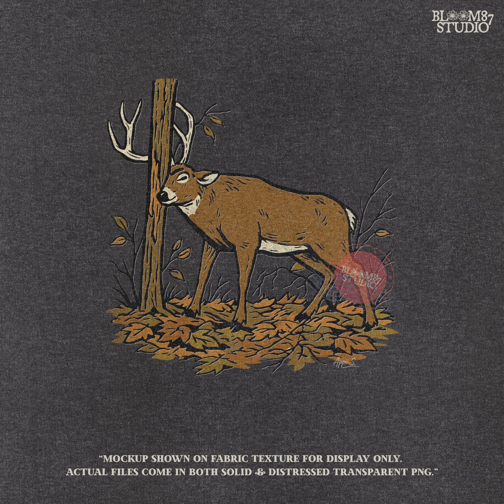 Illustration of a whitetail buck rubbing its antlers on a tree with autumn leaves on the ground, rustic hunting sublimation PNG design for shirts and décor