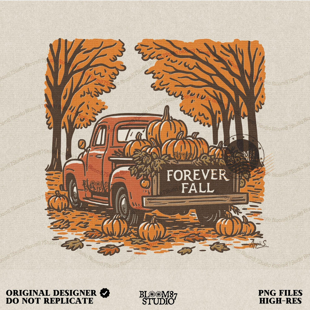 Illustration of a vintage red truck filled with pumpkins and the words “Forever Fall” on the tailgate, surrounded by autumn leaves and trees, sublimation PNG design.