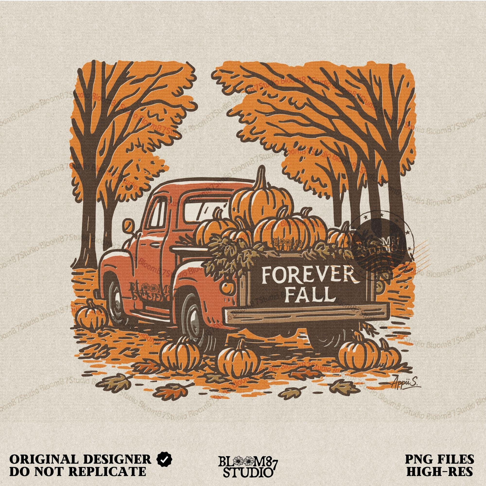 Illustration of a vintage red truck filled with pumpkins and the words “Forever Fall” on the tailgate, surrounded by autumn leaves and trees, sublimation PNG design.