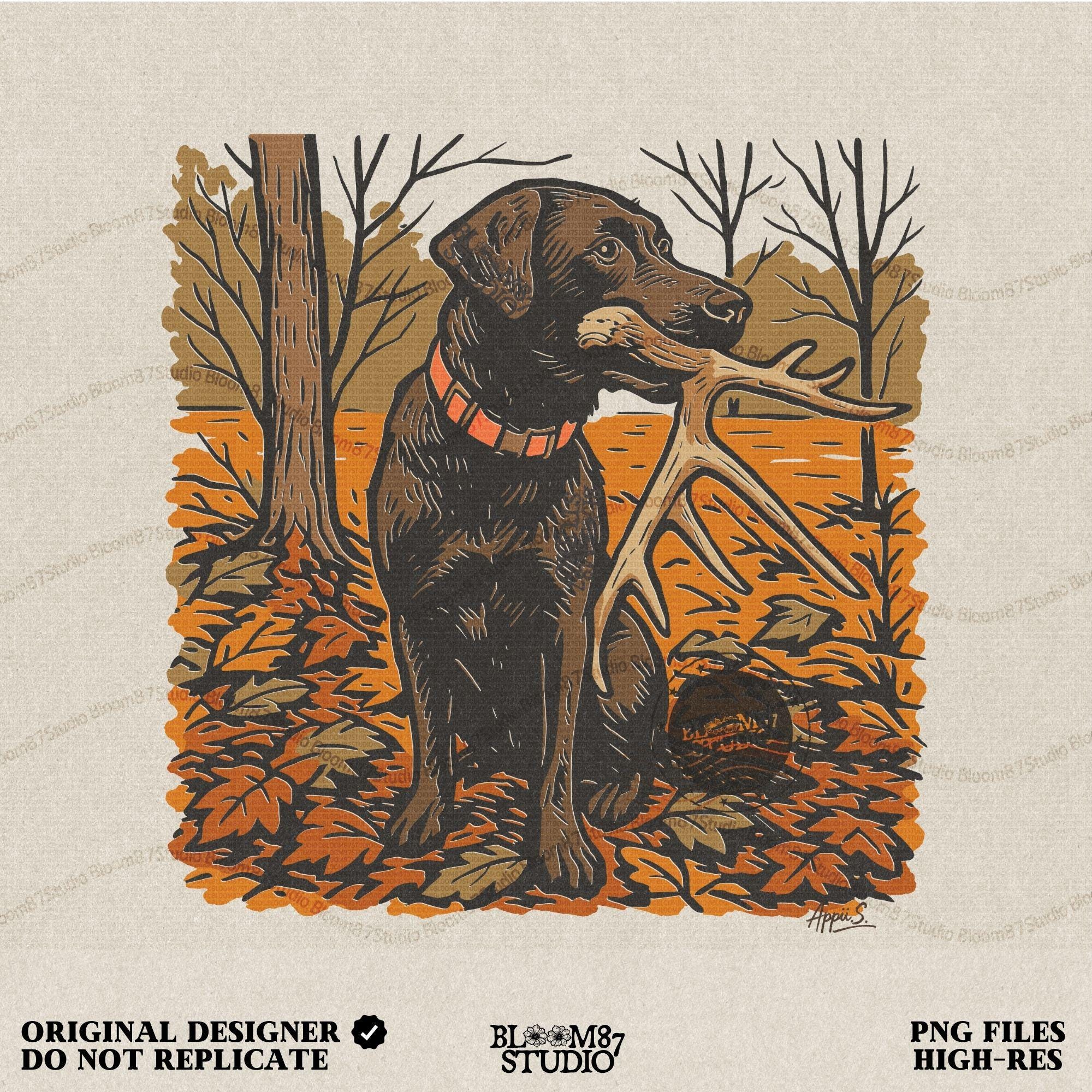 Illustration of a black Labrador dog sitting in autumn leaves holding a deer antler in its mouth, rustic hunting sublimation PNG design.