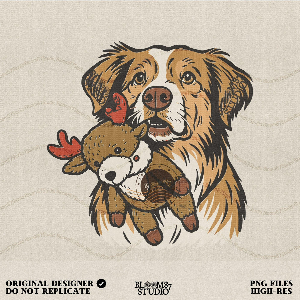 Solid Version: "Cute dog holding a plush reindeer toy, festive Christmas PNG design with holiday theme, sublimation graphic for shirts, mugs, and crafts"
Distressed Version: "Vintage distressed PNG of Christmas dog with reindeer toy, rustic sublimation artwork for holiday t-shirts, mugs, ornaments, and DIY gifts"