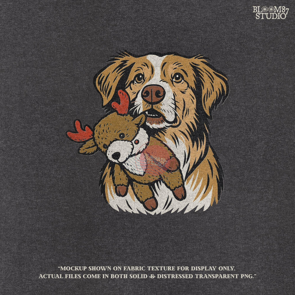 Solid Version: "Cute dog holding a plush reindeer toy, festive Christmas PNG design with holiday theme, sublimation graphic for shirts, mugs, and crafts"
Distressed Version: "Vintage distressed PNG of Christmas dog with reindeer toy, rustic sublimation artwork for holiday t-shirts, mugs, ornaments, and DIY gifts"