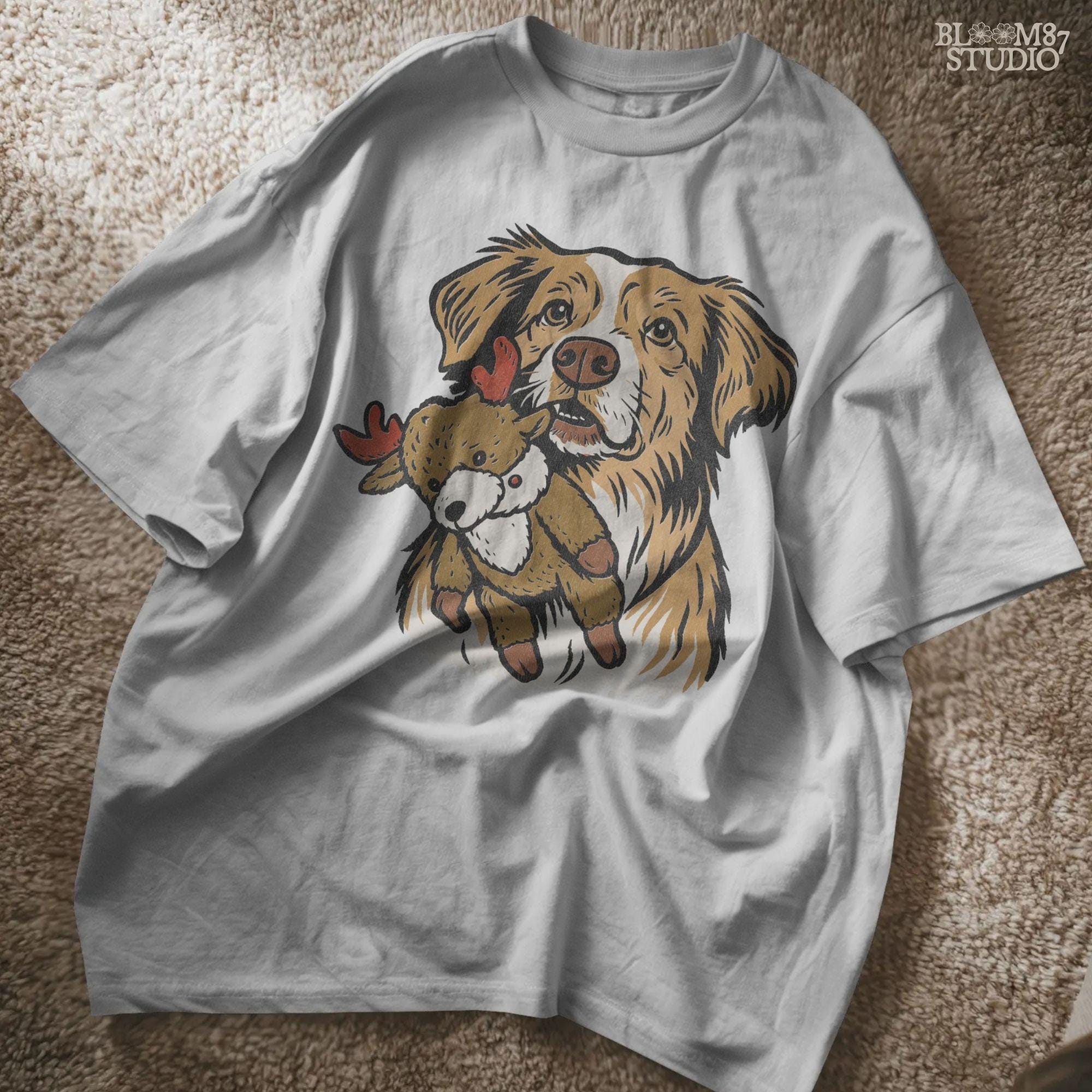 Solid Version: "Cute dog holding a plush reindeer toy, festive Christmas PNG design with holiday theme, sublimation graphic for shirts, mugs, and crafts"
Distressed Version: "Vintage distressed PNG of Christmas dog with reindeer toy, rustic sublimation artwork for holiday t-shirts, mugs, ornaments, and DIY gifts"