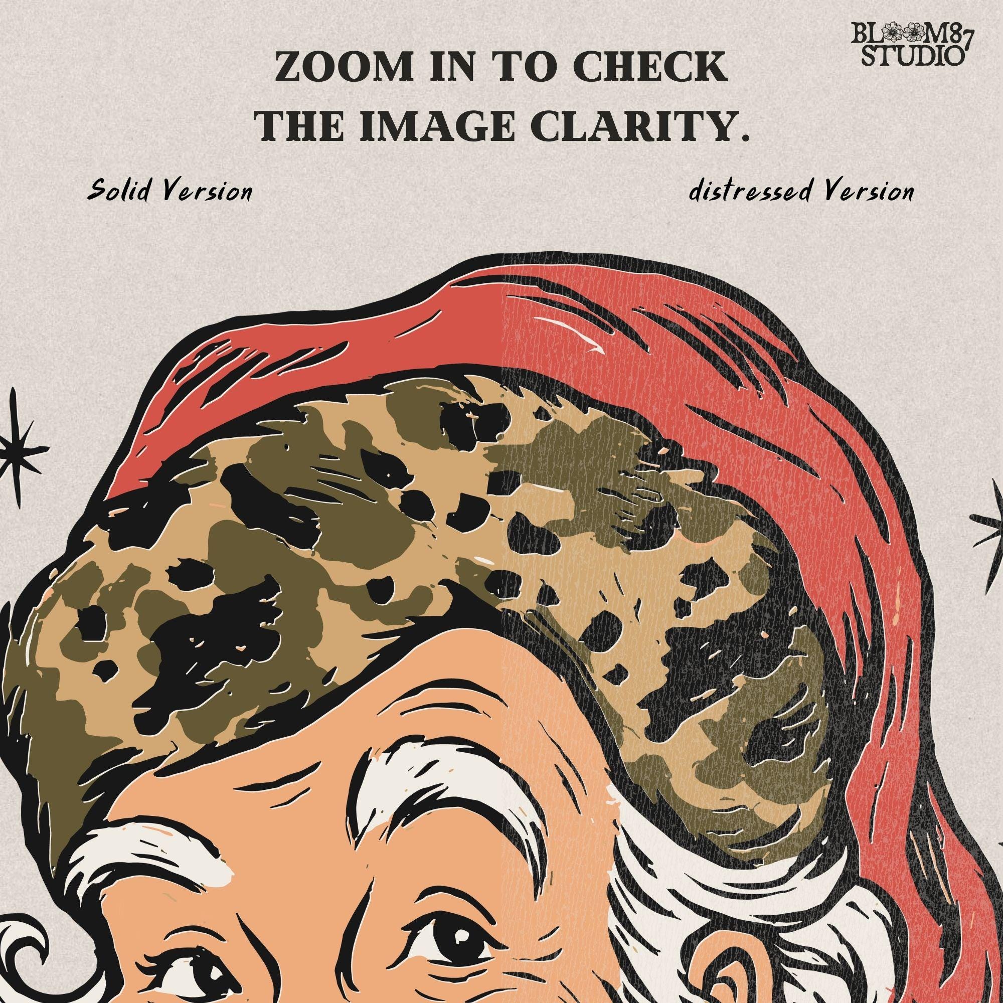 Solid Version: "Vintage Santa Claus face with white beard and red hat trimmed in leopard print fur, retro Christmas PNG design for sublimation projects"
Distressed Version: "Distressed retro-style PNG of Santa Claus with leopard print hat, rustic vintage sublimation design for holiday shirts, mugs, and crafts"