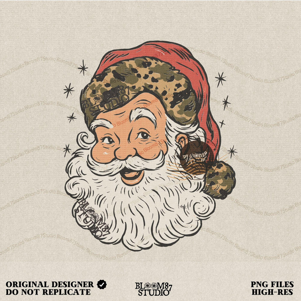 Solid Version: "Vintage Santa Claus face with white beard and red hat trimmed in leopard print fur, retro Christmas PNG design for sublimation projects"
Distressed Version: "Distressed retro-style PNG of Santa Claus with leopard print hat, rustic vintage sublimation design for holiday shirts, mugs, and crafts"