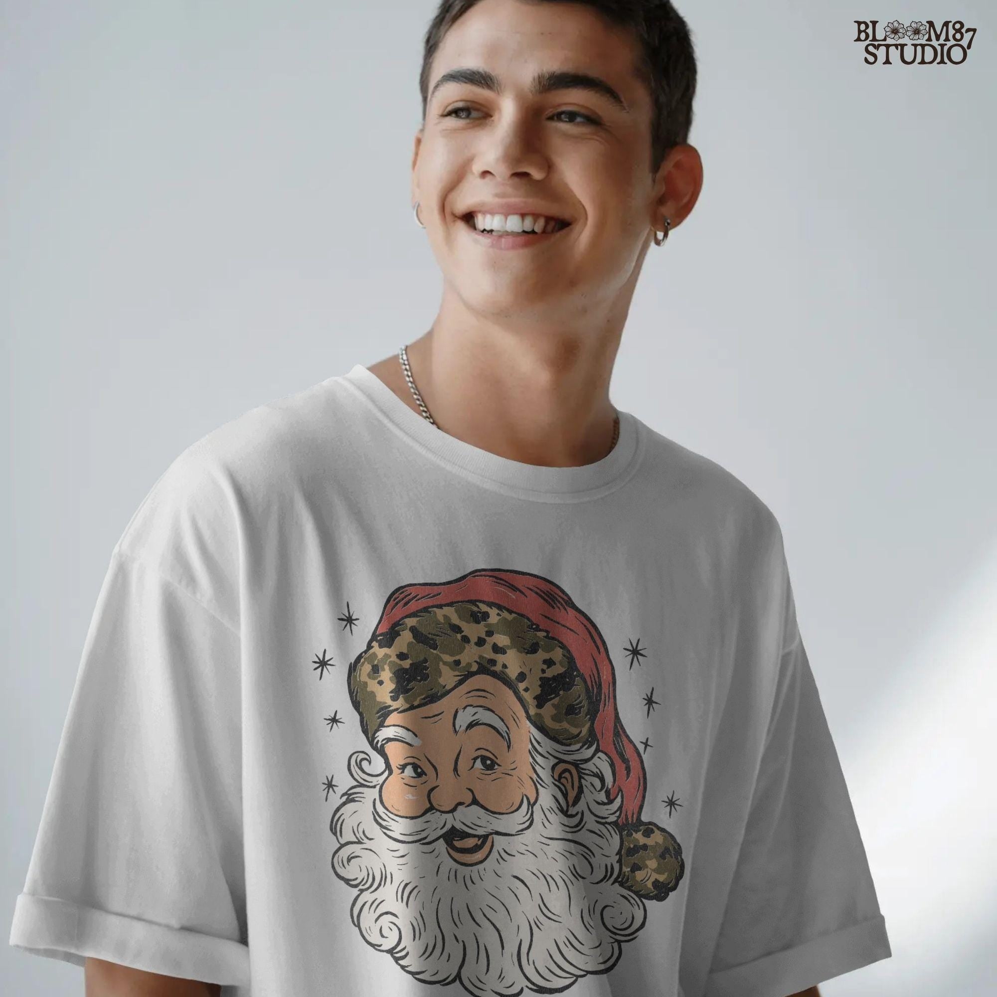 Solid Version: "Vintage Santa Claus face with white beard and red hat trimmed in leopard print fur, retro Christmas PNG design for sublimation projects"
Distressed Version: "Distressed retro-style PNG of Santa Claus with leopard print hat, rustic vintage sublimation design for holiday shirts, mugs, and crafts"