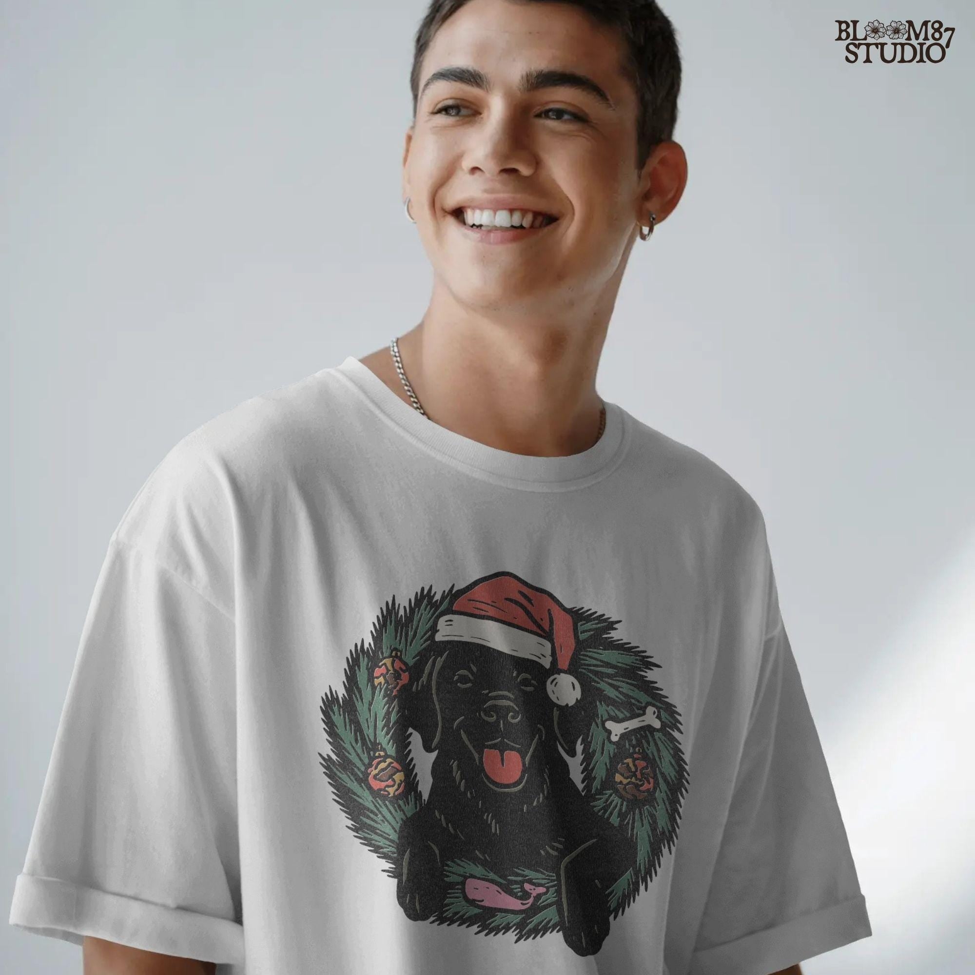 Solid Version: "Black Labrador dog wearing Santa hat sitting inside Christmas wreath with ornaments, bone, and greenery, festive PNG for sublimation"
Distressed Version: "Vintage distressed PNG of Black Labrador in Santa hat inside holiday wreath, rustic Christmas sublimation design for shirts, mugs, ornaments"