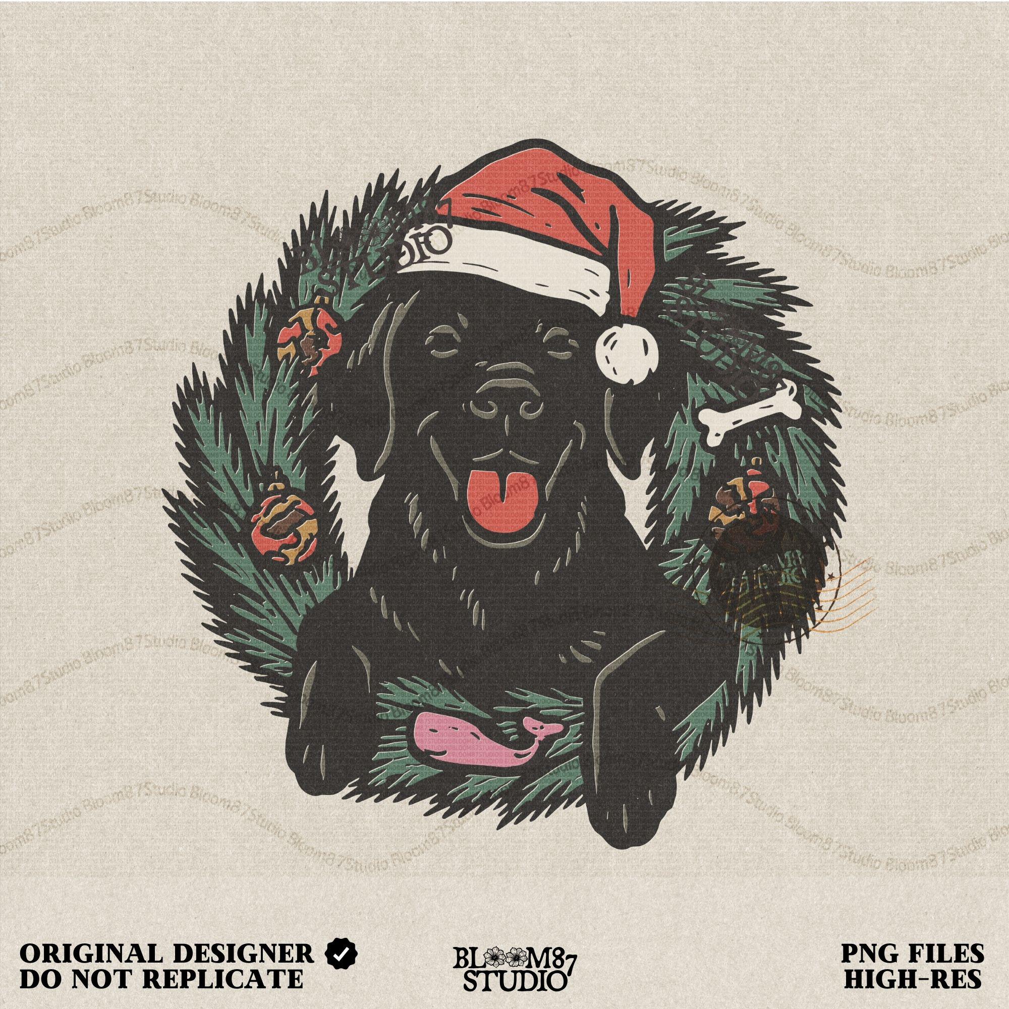 Solid Version: "Black Labrador dog wearing Santa hat sitting inside Christmas wreath with ornaments, bone, and greenery, festive PNG for sublimation"
Distressed Version: "Vintage distressed PNG of Black Labrador in Santa hat inside holiday wreath, rustic Christmas sublimation design for shirts, mugs, ornaments"