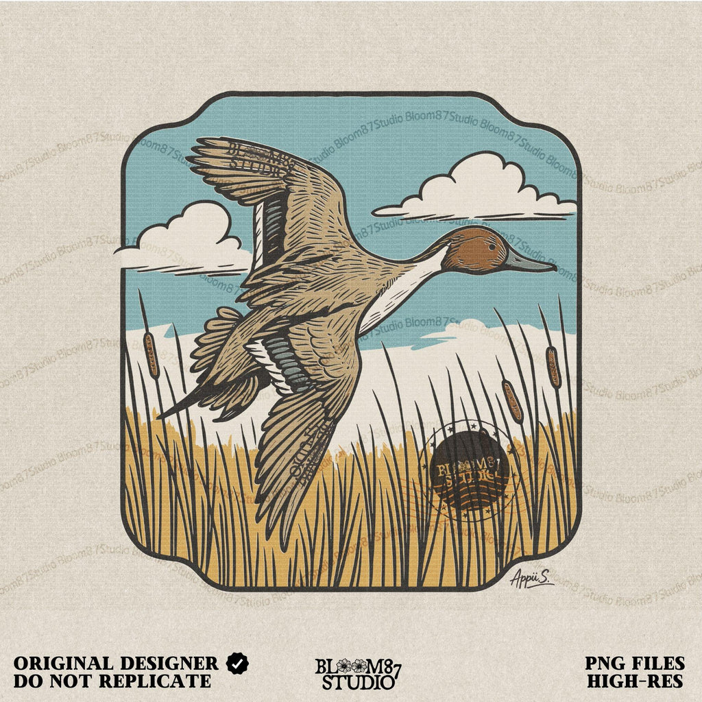 Illustration of a pintail duck flying above cattails with a blue sky and clouds, rustic waterfowl hunting sublimation PNG design.