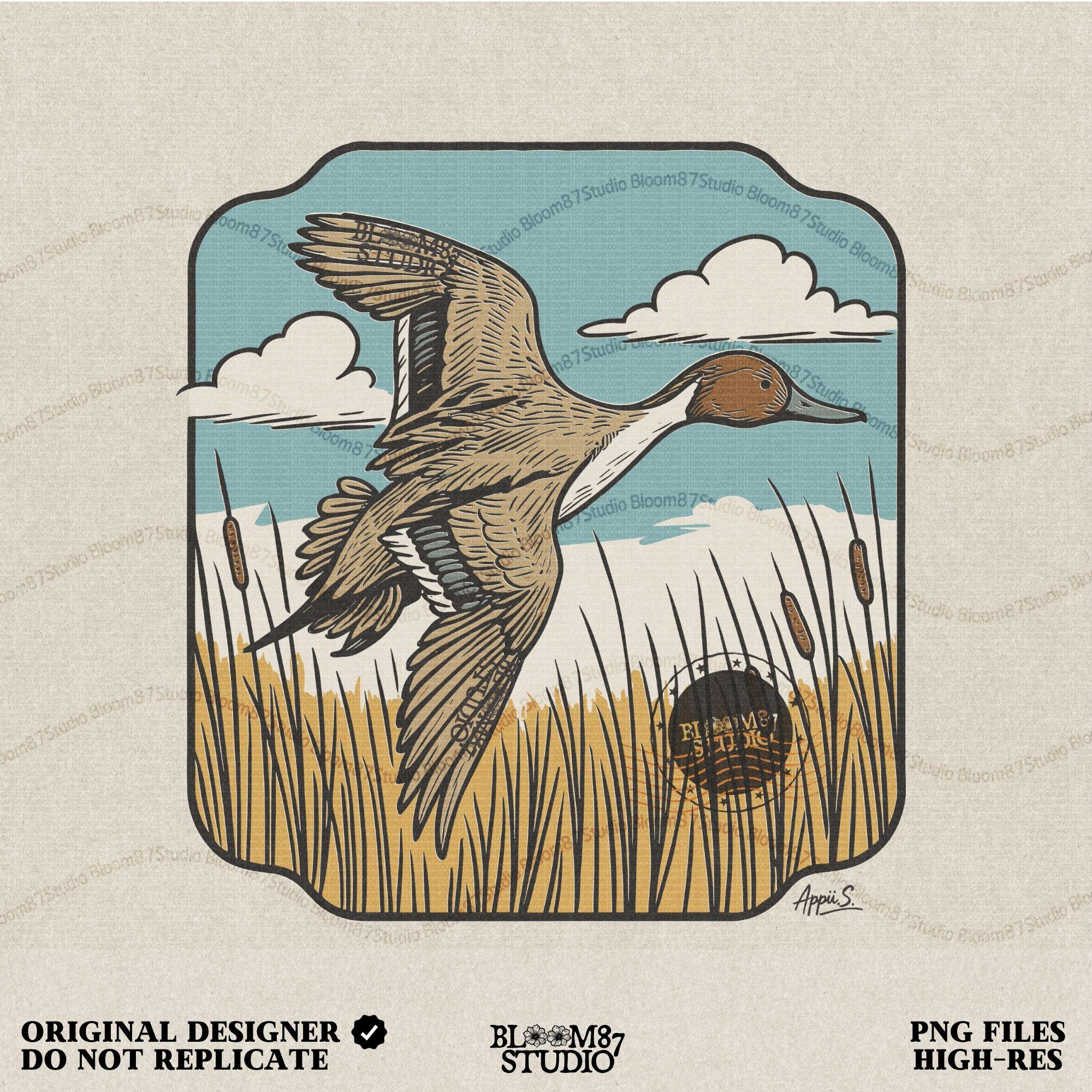 Illustration of a pintail duck flying above cattails with a blue sky and clouds, rustic waterfowl hunting sublimation PNG design.