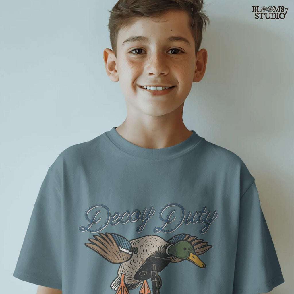 Illustration of a mallard duck hunting decoy with the words “Decoy Duty,” rustic sublimation PNG design for hunters and outdoor artwork.