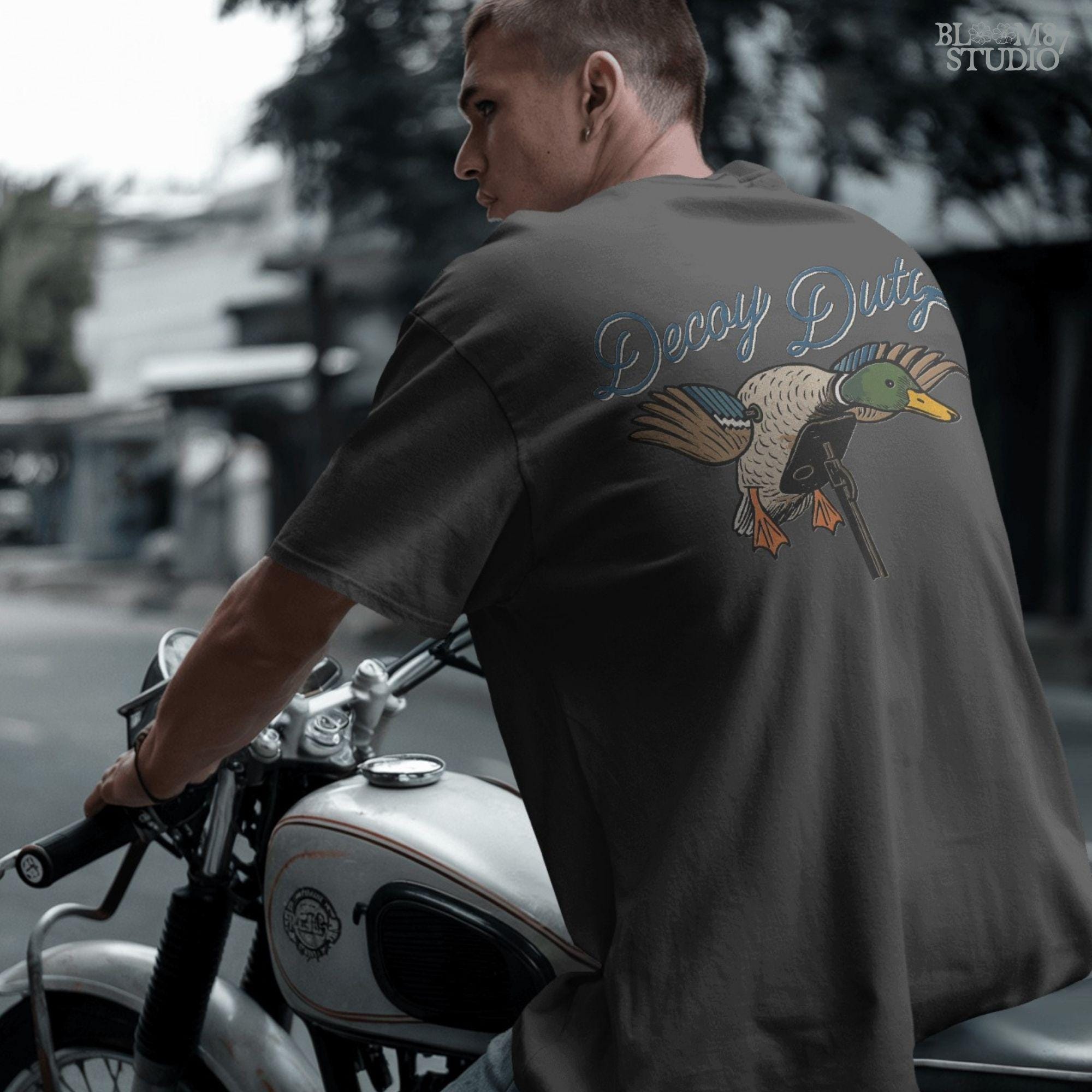 Illustration of a mallard duck hunting decoy with the words “Decoy Duty,” rustic sublimation PNG design for hunters and outdoor artwork.