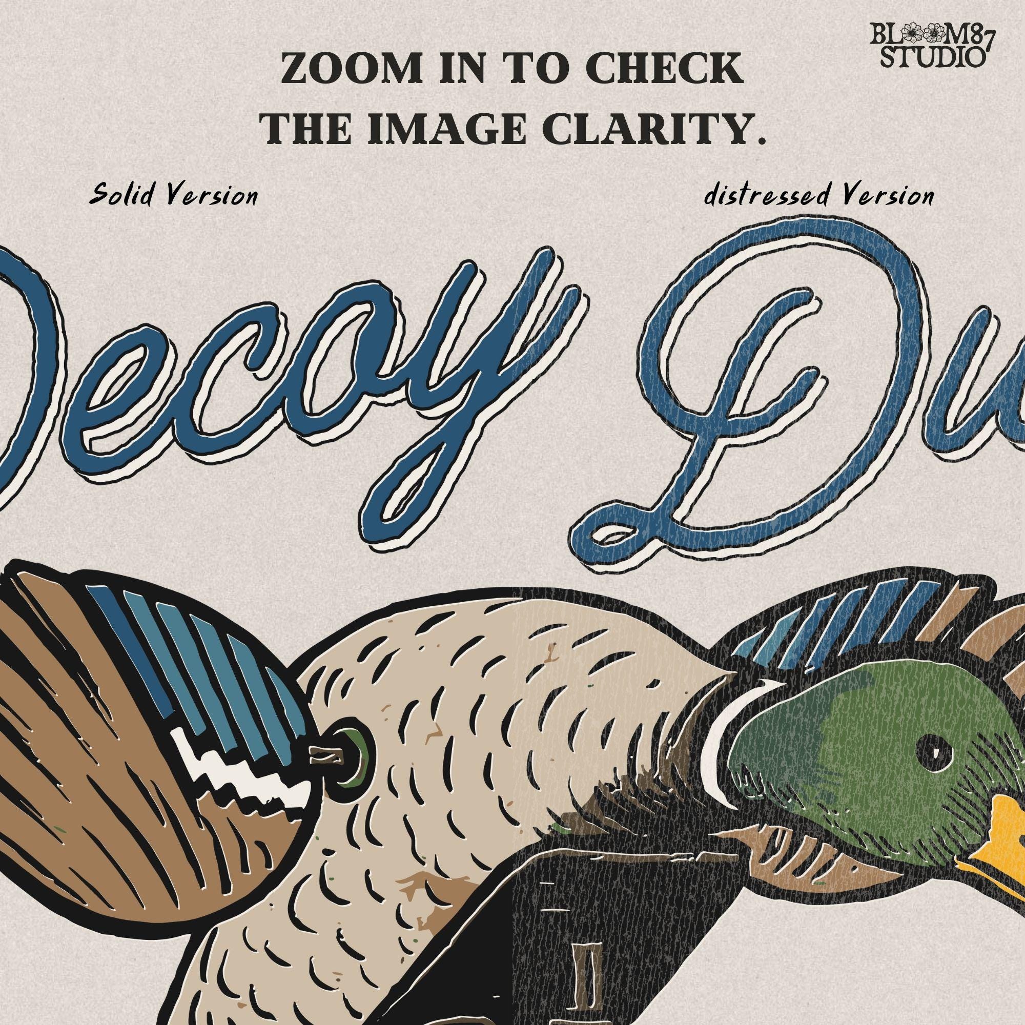 Illustration of a mallard duck hunting decoy with the words “Decoy Duty,” rustic sublimation PNG design for hunters and outdoor artwork.