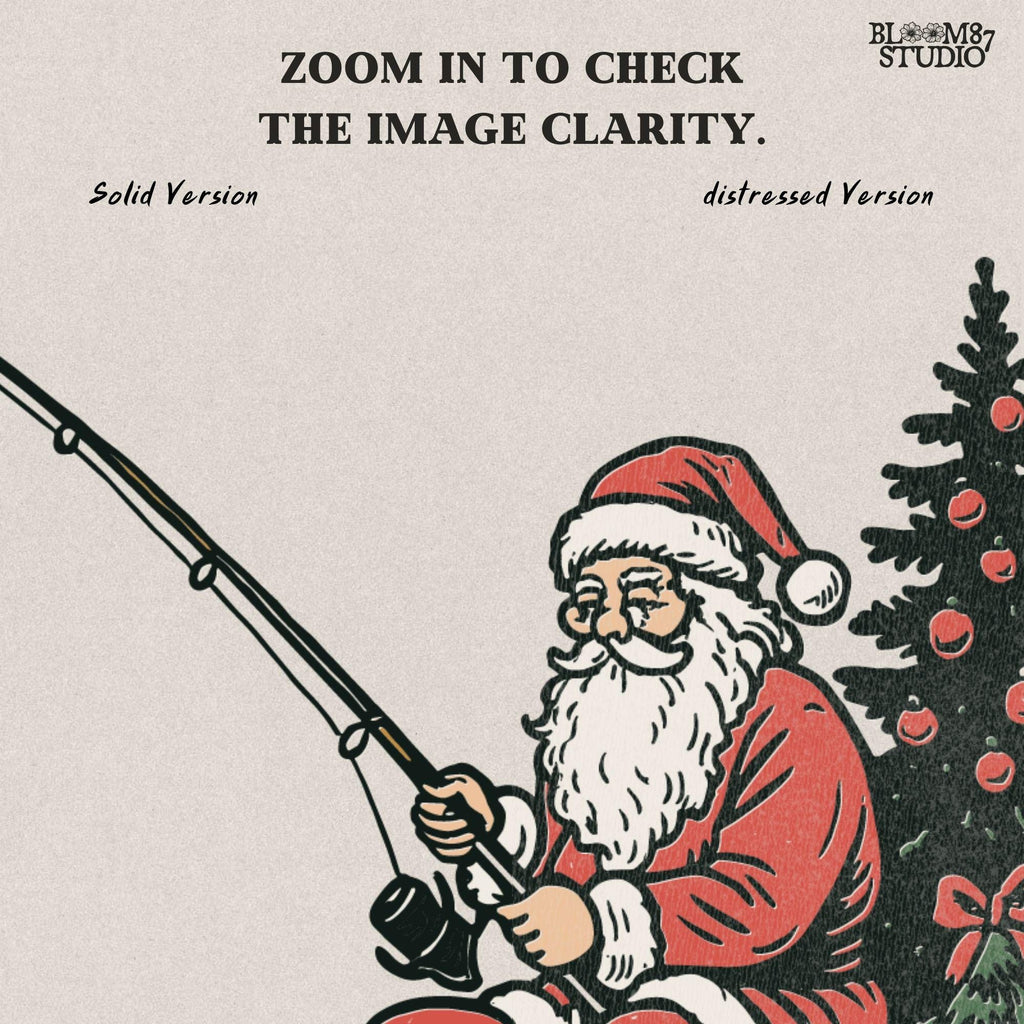 Solid Version: "Santa Claus in red suit sitting on a log fishing near Christmas tree with ornaments, festive PNG sublimation design for crafts and gifts"
Distressed Version: "Vintage distressed PNG of Santa fishing by a decorated Christmas tree, rustic sublimation design for holiday shirts, mugs, and ornaments"