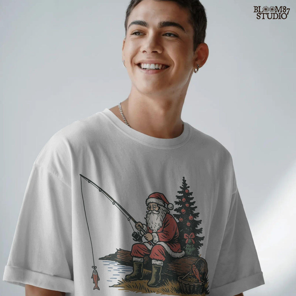 Solid Version: "Santa Claus in red suit sitting on a log fishing near Christmas tree with ornaments, festive PNG sublimation design for crafts and gifts"
Distressed Version: "Vintage distressed PNG of Santa fishing by a decorated Christmas tree, rustic sublimation design for holiday shirts, mugs, and ornaments"