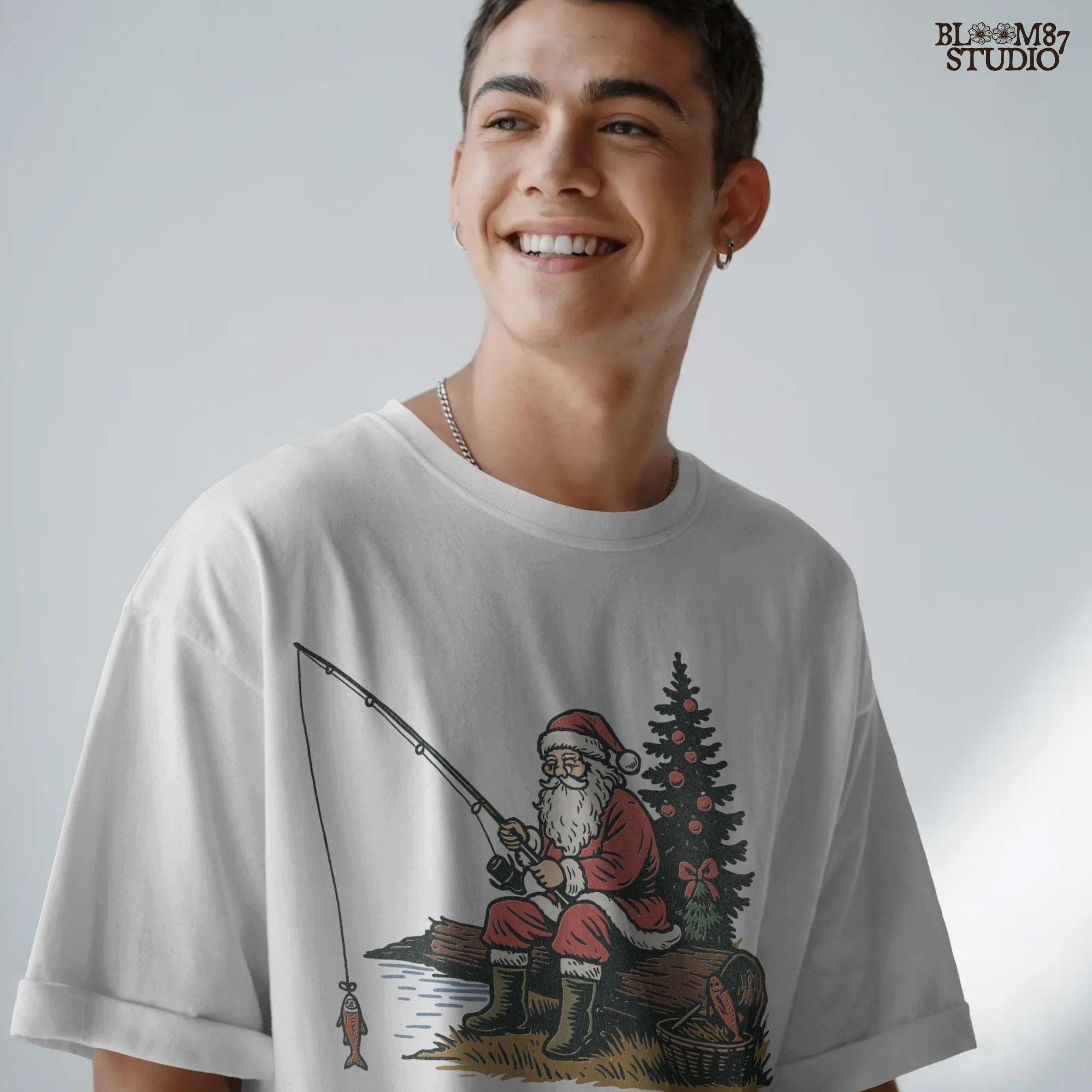 Solid Version: "Santa Claus in red suit sitting on a log fishing near Christmas tree with ornaments, festive PNG sublimation design for crafts and gifts"
Distressed Version: "Vintage distressed PNG of Santa fishing by a decorated Christmas tree, rustic sublimation design for holiday shirts, mugs, and ornaments"