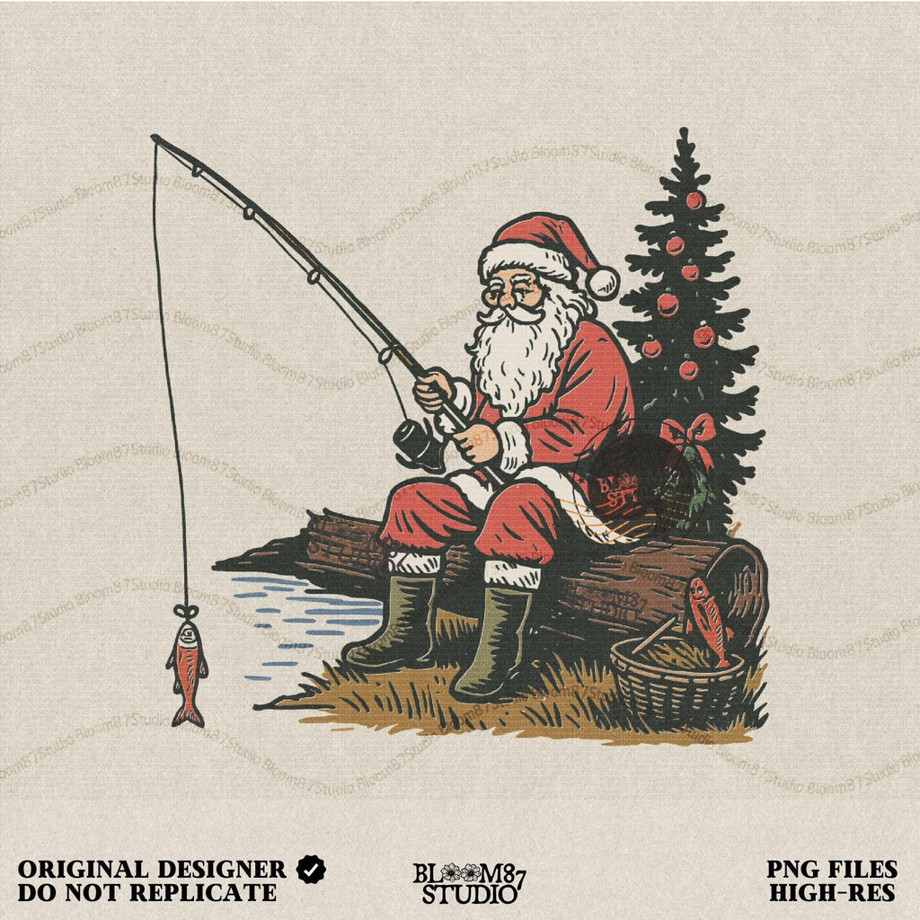 Solid Version: "Santa Claus in red suit sitting on a log fishing near Christmas tree with ornaments, festive PNG sublimation design for crafts and gifts"
Distressed Version: "Vintage distressed PNG of Santa fishing by a decorated Christmas tree, rustic sublimation design for holiday shirts, mugs, and ornaments"