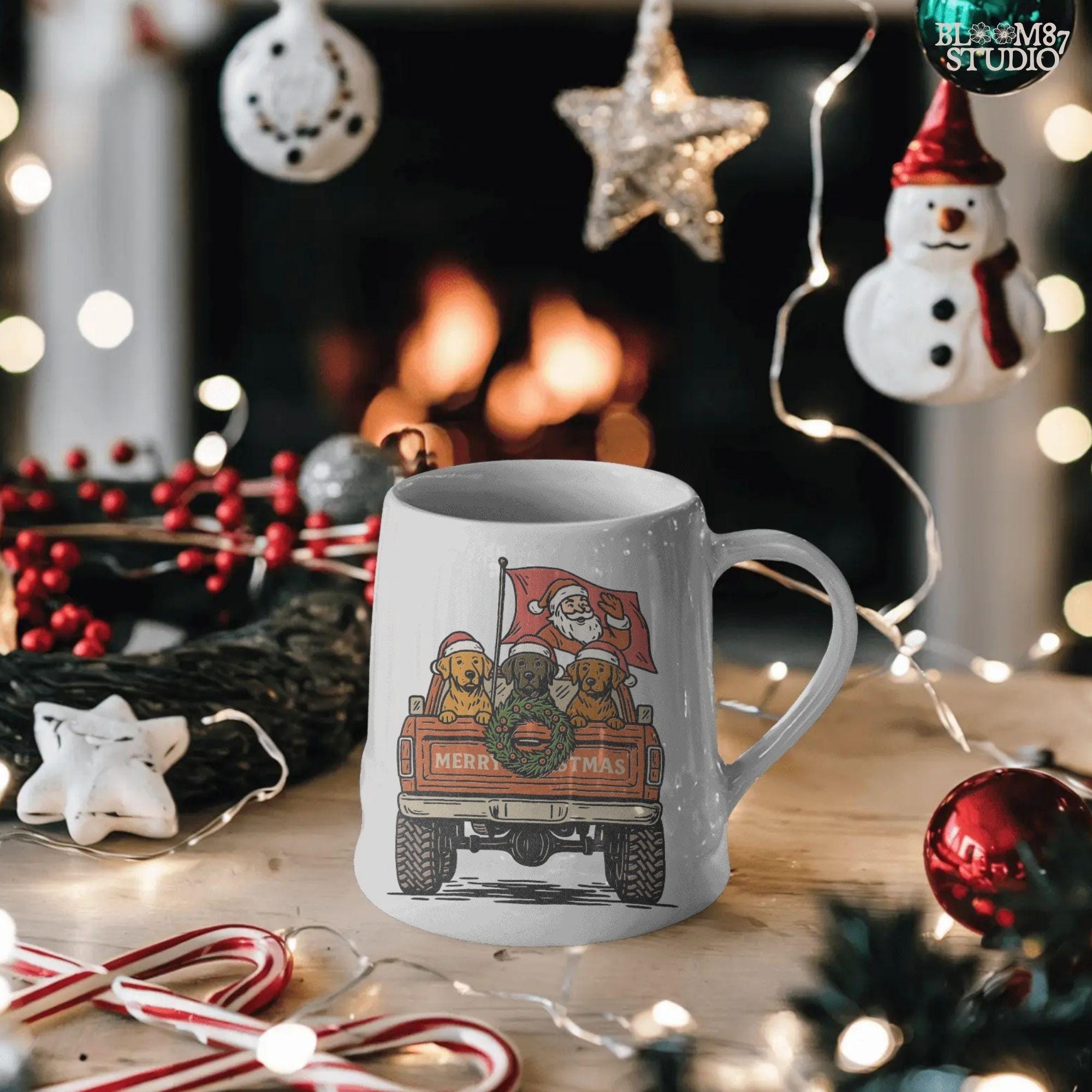 Solid Version: "Santa Claus waving from red pickup truck with three dogs in Santa hats and Christmas wreath on tailgate, festive PNG sublimation design"
Distressed Version: "Vintage distressed PNG of Santa with dogs in holiday pickup truck decorated with Christmas wreath, rustic sublimation design for shirts and mugs"