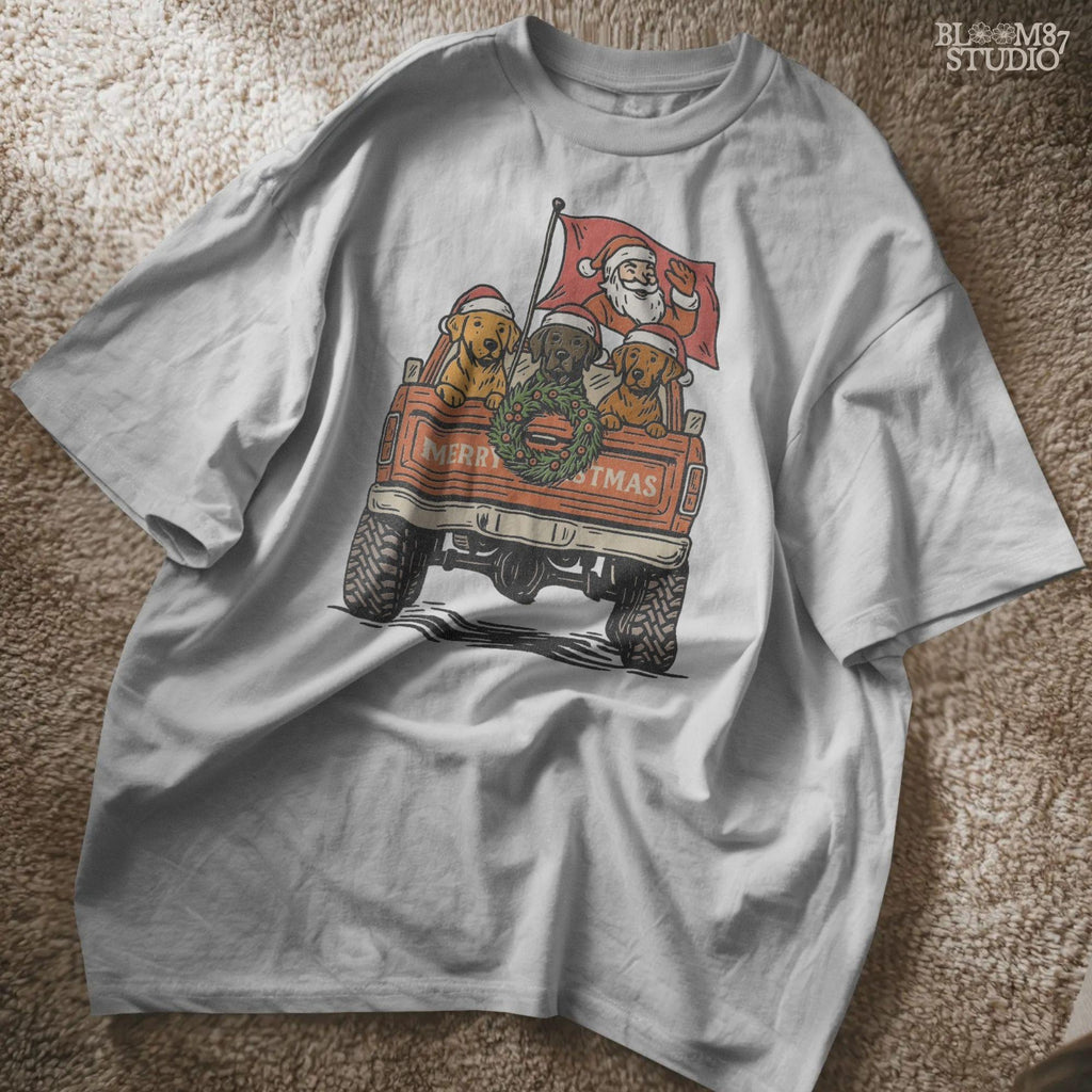 Solid Version: "Santa Claus waving from red pickup truck with three dogs in Santa hats and Christmas wreath on tailgate, festive PNG sublimation design"
Distressed Version: "Vintage distressed PNG of Santa with dogs in holiday pickup truck decorated with Christmas wreath, rustic sublimation design for shirts and mugs"