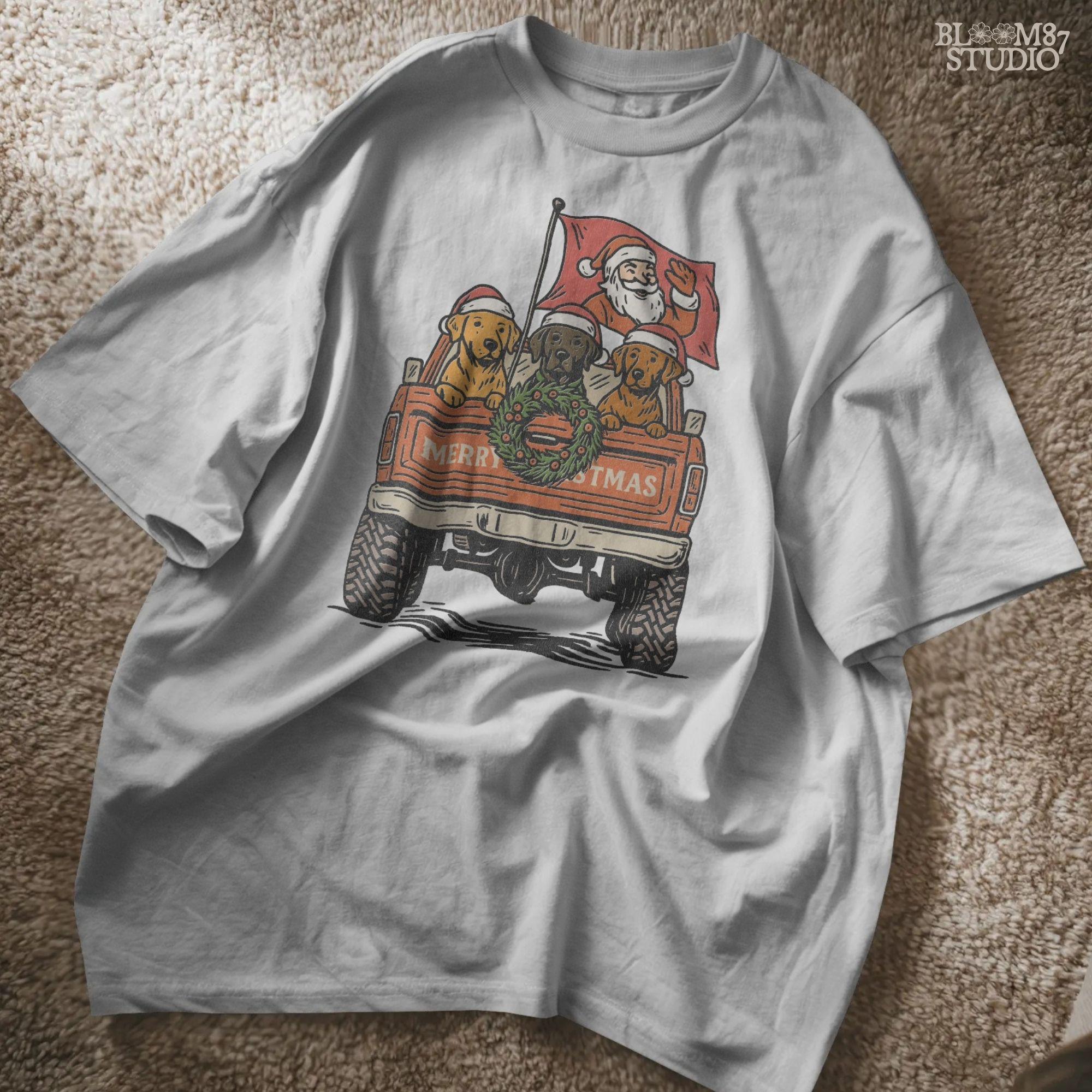 Solid Version: "Santa Claus waving from red pickup truck with three dogs in Santa hats and Christmas wreath on tailgate, festive PNG sublimation design"
Distressed Version: "Vintage distressed PNG of Santa with dogs in holiday pickup truck decorated with Christmas wreath, rustic sublimation design for shirts and mugs"