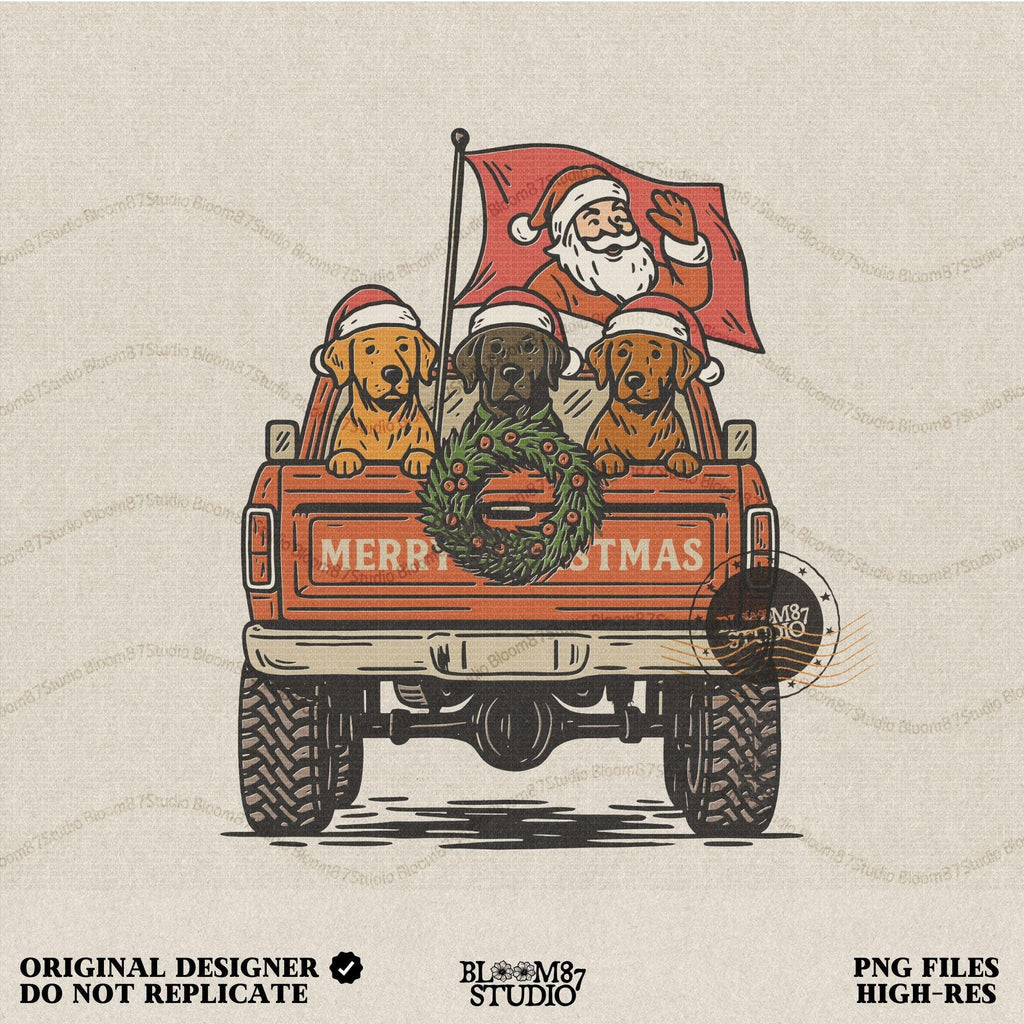 Solid Version: "Santa Claus waving from red pickup truck with three dogs in Santa hats and Christmas wreath on tailgate, festive PNG sublimation design"
Distressed Version: "Vintage distressed PNG of Santa with dogs in holiday pickup truck decorated with Christmas wreath, rustic sublimation design for shirts and mugs"