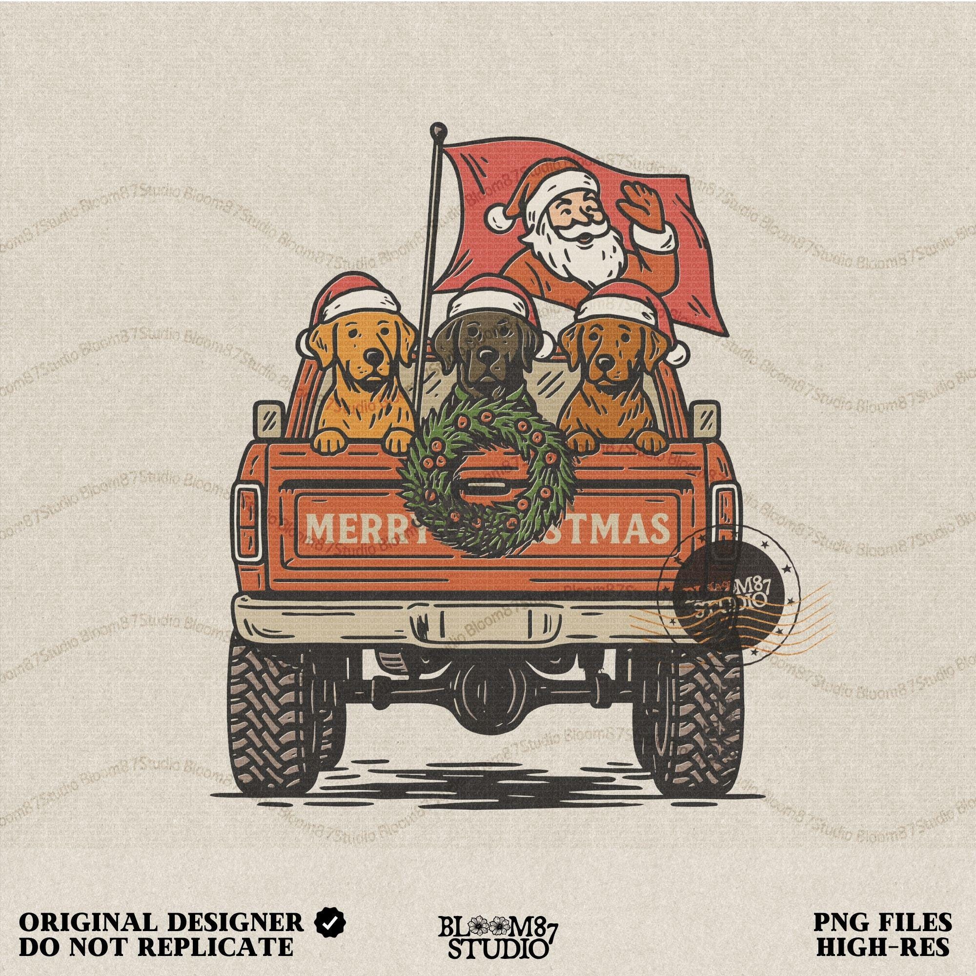 Solid Version: "Santa Claus waving from red pickup truck with three dogs in Santa hats and Christmas wreath on tailgate, festive PNG sublimation design"
Distressed Version: "Vintage distressed PNG of Santa with dogs in holiday pickup truck decorated with Christmas wreath, rustic sublimation design for shirts and mugs"