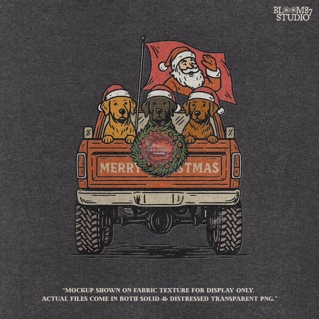 Solid Version: "Santa Claus waving from red pickup truck with three dogs in Santa hats and Christmas wreath on tailgate, festive PNG sublimation design"
Distressed Version: "Vintage distressed PNG of Santa with dogs in holiday pickup truck decorated with Christmas wreath, rustic sublimation design for shirts and mugs"