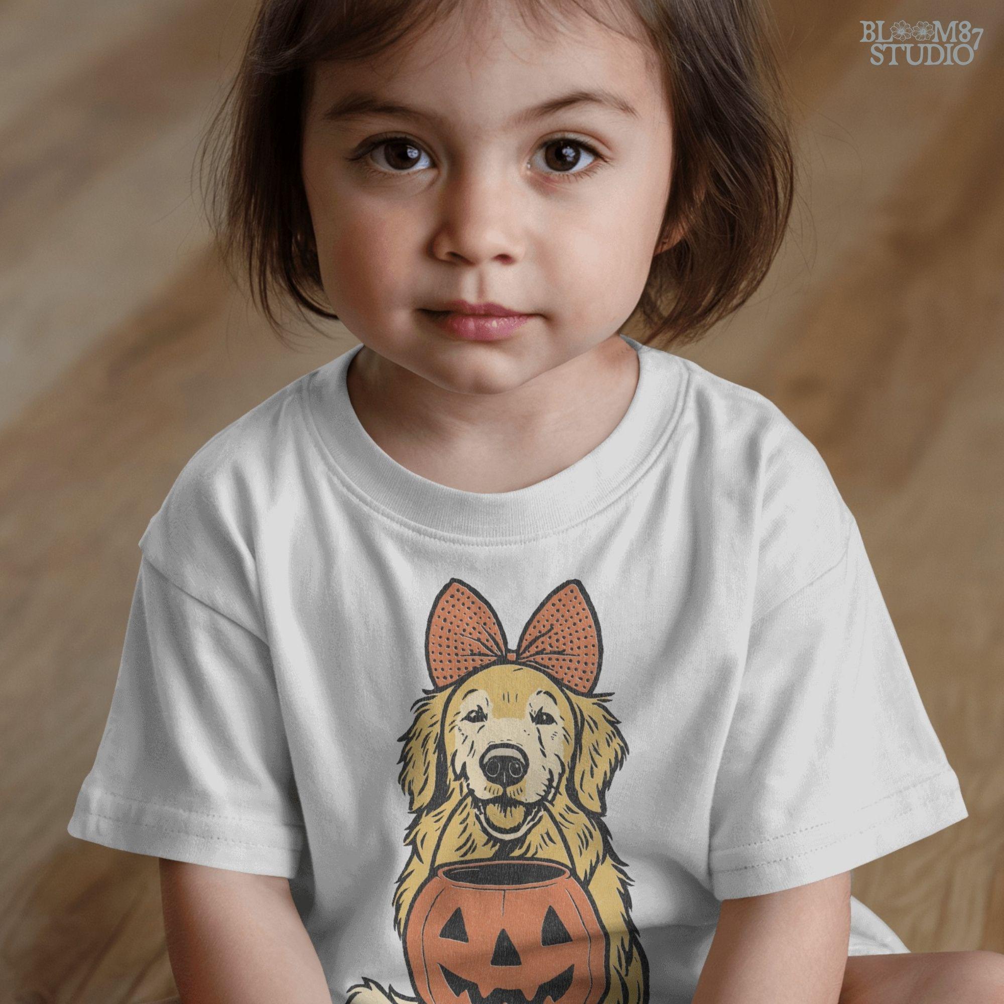 Solid version: "Golden retriever holding pumpkin basket, Halloween sublimation PNG design with bow and striped socks, solid style"

Distressed version: "Golden retriever Halloween dog with pumpkin basket, sublimation PNG design, vintage distressed version"