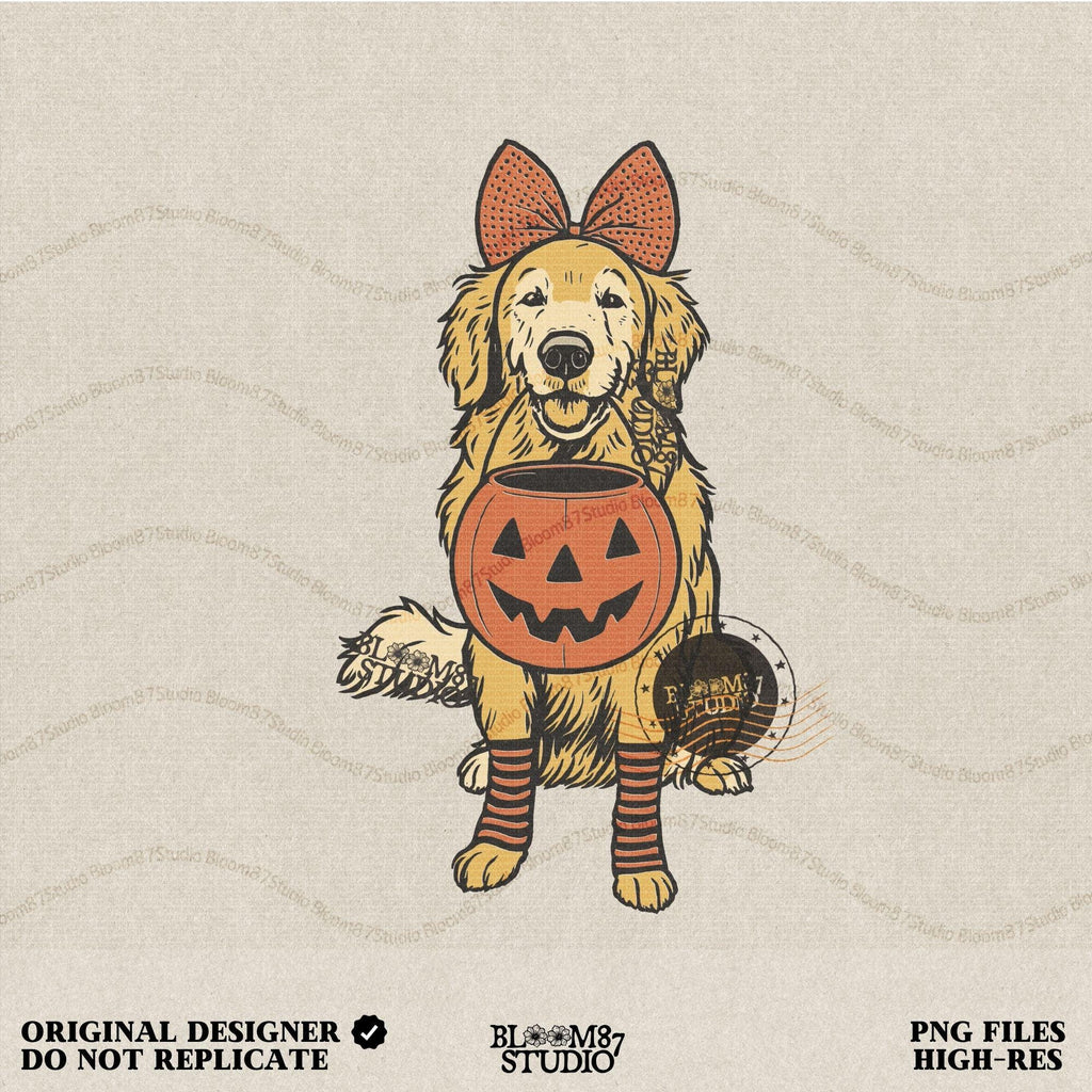 Solid version: "Golden retriever holding pumpkin basket, Halloween sublimation PNG design with bow and striped socks, solid style"

Distressed version: "Golden retriever Halloween dog with pumpkin basket, sublimation PNG design, vintage distressed version"