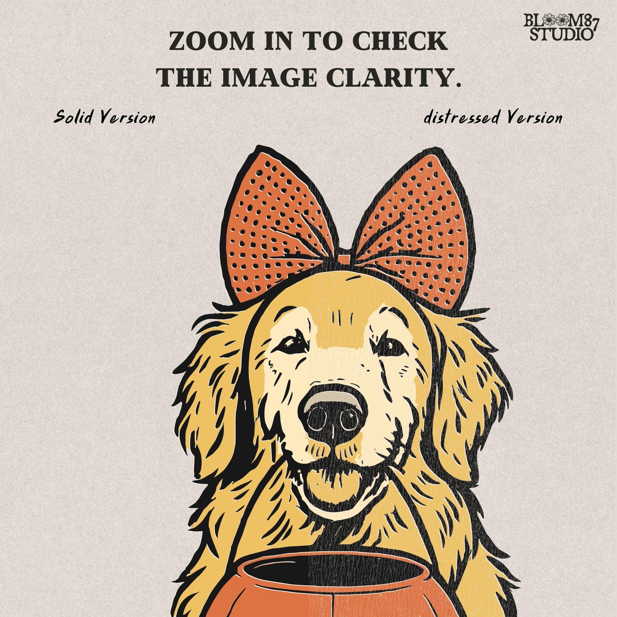 Solid version: "Golden retriever holding pumpkin basket, Halloween sublimation PNG design with bow and striped socks, solid style"

Distressed version: "Golden retriever Halloween dog with pumpkin basket, sublimation PNG design, vintage distressed version"