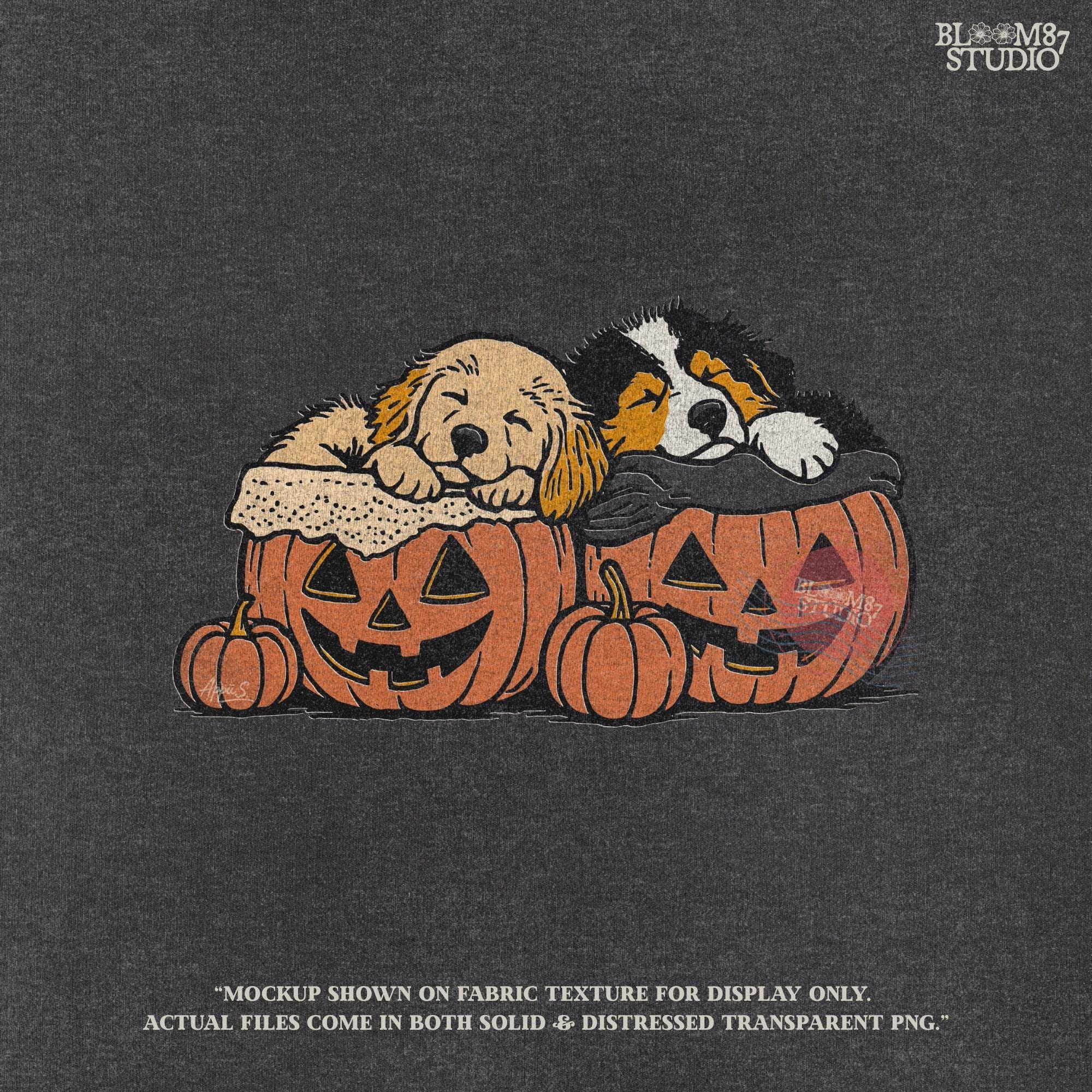 Solid version: "Two puppies sleeping inside jack o lantern pumpkins, Halloween sublimation PNG, cute dog clipart solid version"

Distressed version: "Halloween puppies in carved pumpkins, sublimation PNG design, vintage distressed style clipart"