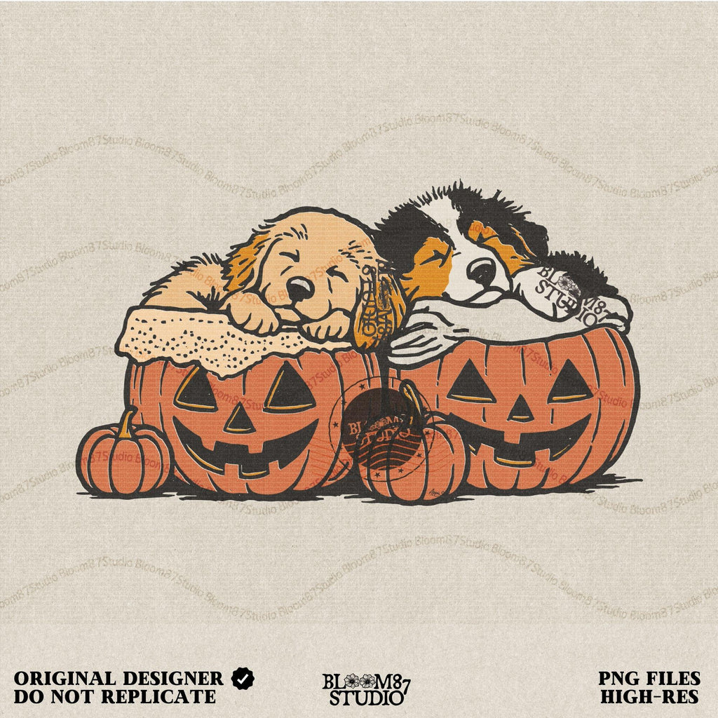 Solid version: "Two puppies sleeping inside jack o lantern pumpkins, Halloween sublimation PNG, cute dog clipart solid version"

Distressed version: "Halloween puppies in carved pumpkins, sublimation PNG design, vintage distressed style clipart"