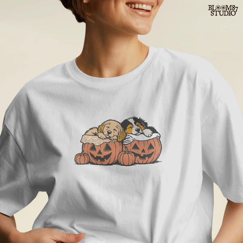 Solid version: "Two puppies sleeping inside jack o lantern pumpkins, Halloween sublimation PNG, cute dog clipart solid version"

Distressed version: "Halloween puppies in carved pumpkins, sublimation PNG design, vintage distressed style clipart"