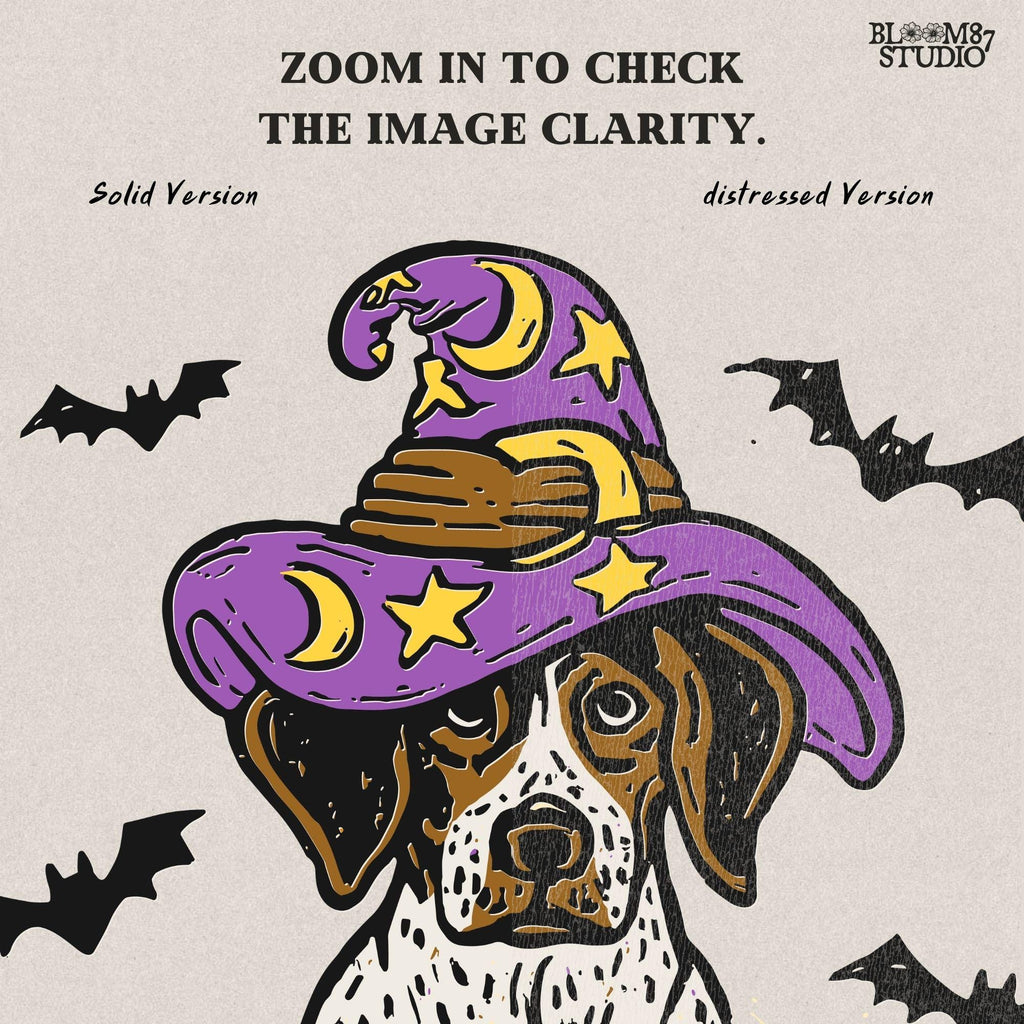 Solid version: "Puppy in pumpkin jack o lantern wearing purple witch hat with bats, Halloween sublimation PNG, solid style"

Distressed version: "Halloween puppy in carved pumpkin with witch hat and bats, sublimation PNG, vintage distressed version"