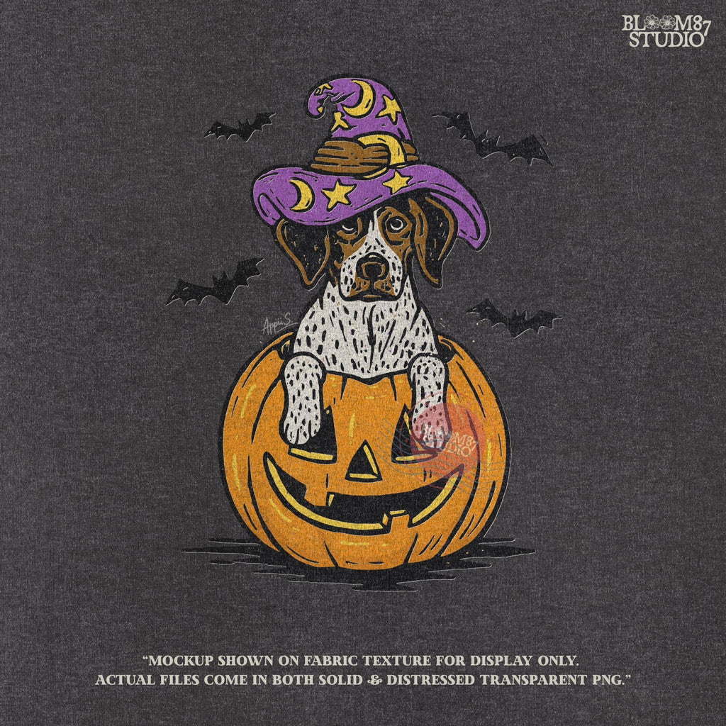 Solid version: "Puppy in pumpkin jack o lantern wearing purple witch hat with bats, Halloween sublimation PNG, solid style"

Distressed version: "Halloween puppy in carved pumpkin with witch hat and bats, sublimation PNG, vintage distressed version"