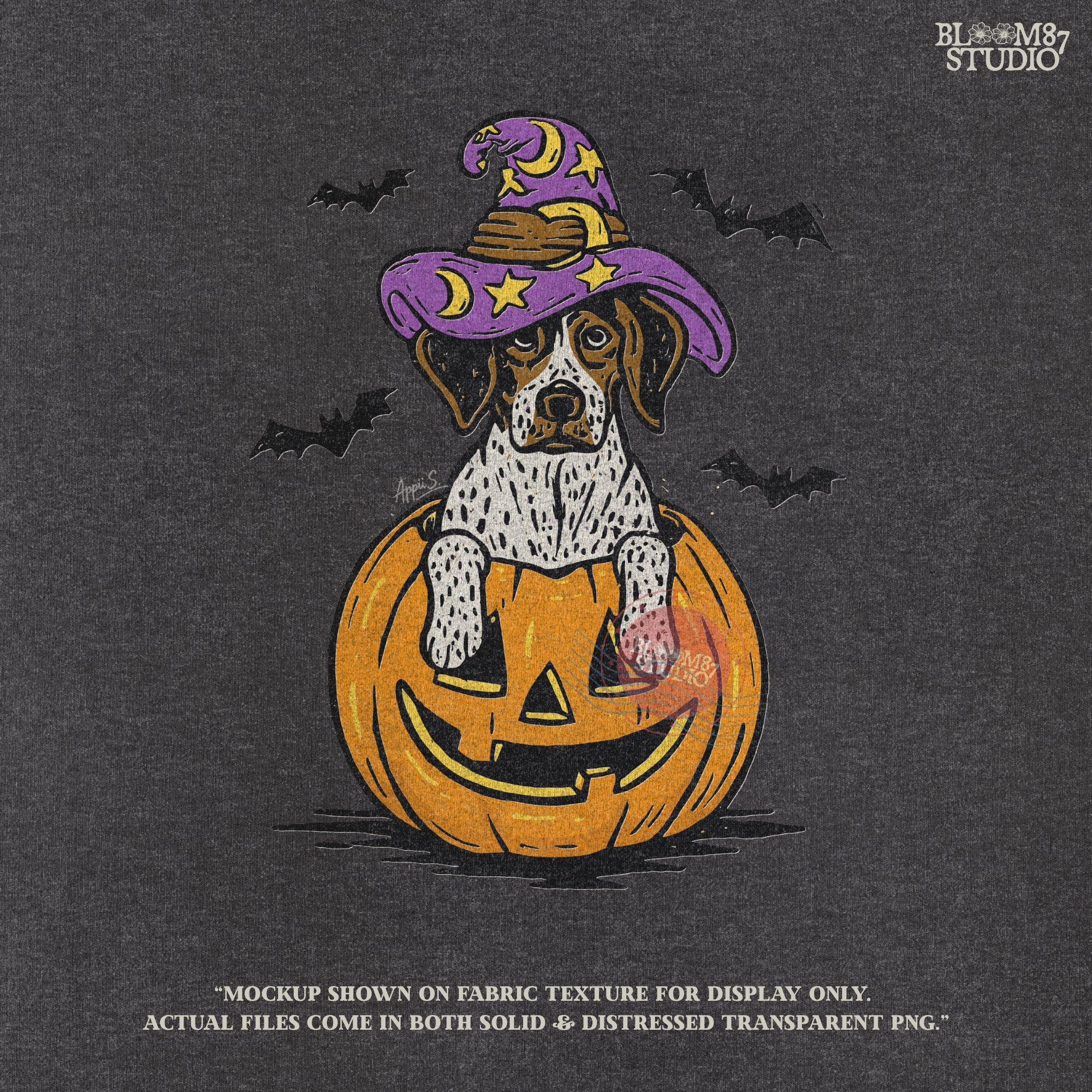 Solid version: "Puppy in pumpkin jack o lantern wearing purple witch hat with bats, Halloween sublimation PNG, solid style"

Distressed version: "Halloween puppy in carved pumpkin with witch hat and bats, sublimation PNG, vintage distressed version"