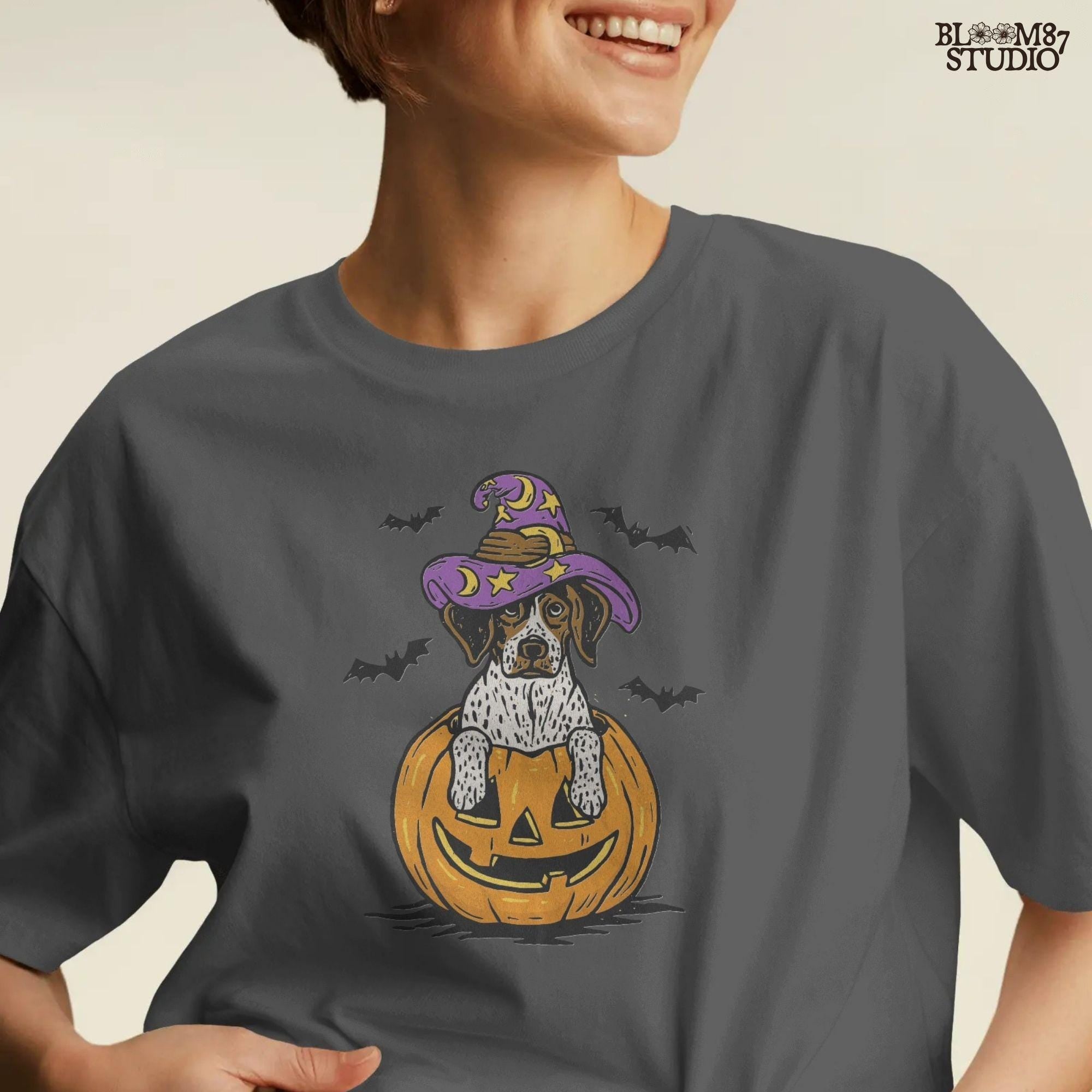 Solid version: "Puppy in pumpkin jack o lantern wearing purple witch hat with bats, Halloween sublimation PNG, solid style"

Distressed version: "Halloween puppy in carved pumpkin with witch hat and bats, sublimation PNG, vintage distressed version"