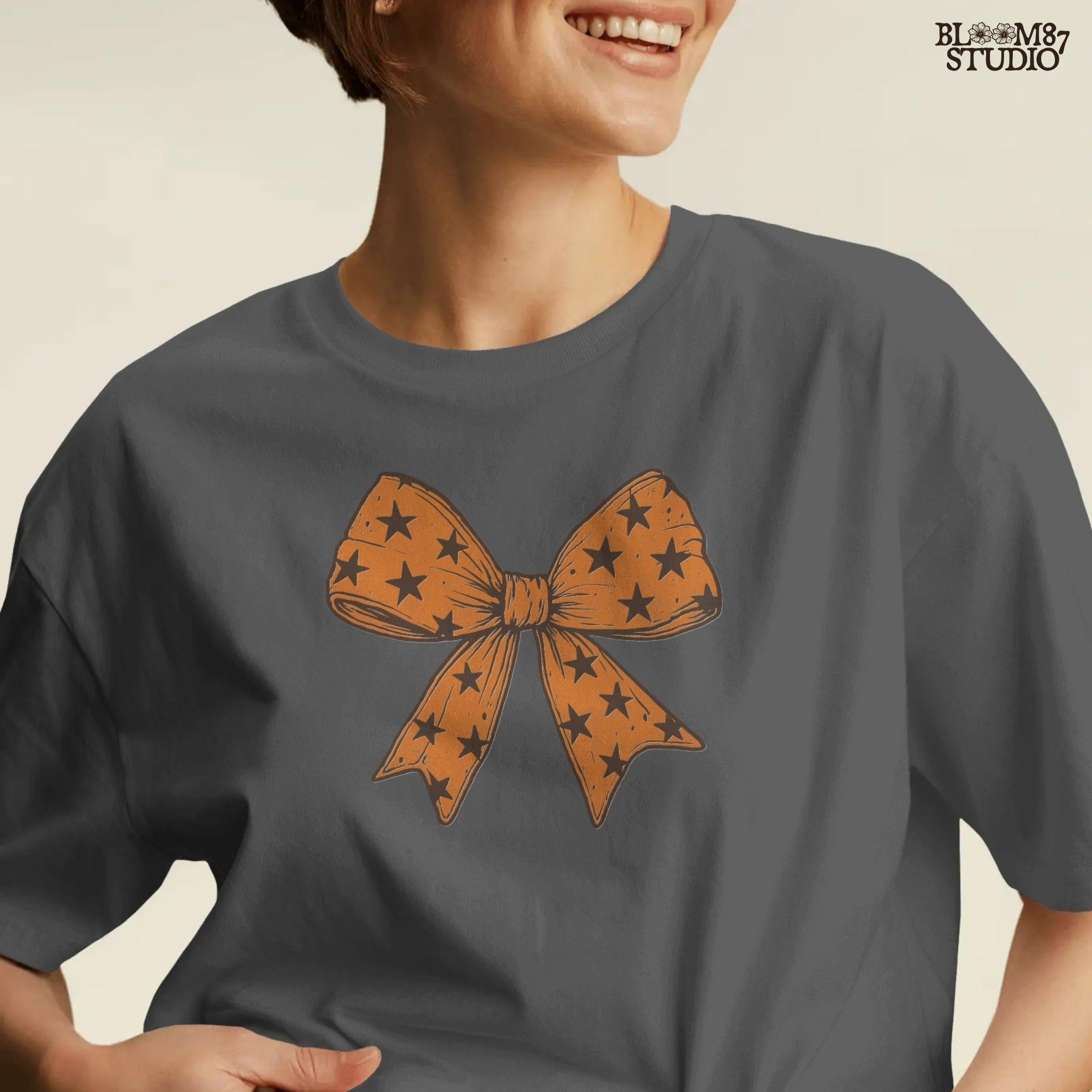 Solid version: "Orange Halloween bow with black star pattern, sublimation PNG ribbon clipart, solid version"

Distressed version: "Halloween bow sublimation PNG with orange star ribbon, vintage distressed textured style"