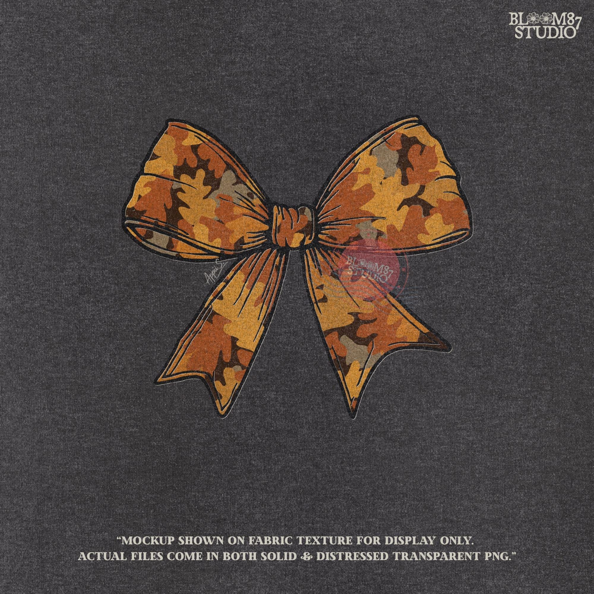 Solid version: "Fall bow sublimation PNG with autumn leaves pattern in orange and brown, ribbon clipart solid style"

Distressed version: "Autumn bow sublimation PNG with leaves pattern, vintage distressed ribbon design for fall crafts"