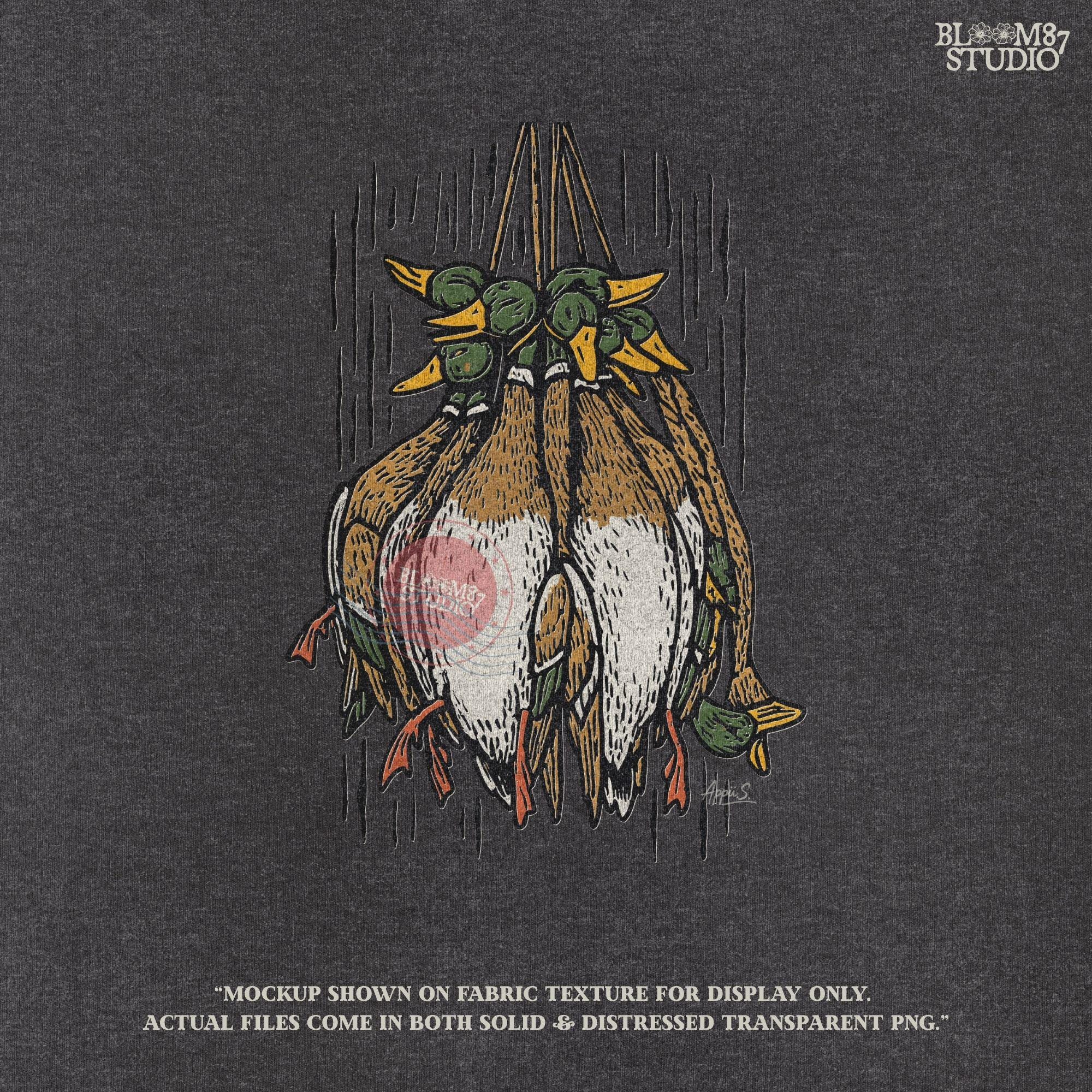 Illustration of harvested mallard ducks hanging together, rustic hunting sublimation PNG design for duck hunters, outdoor gifts, and lodge artwork.