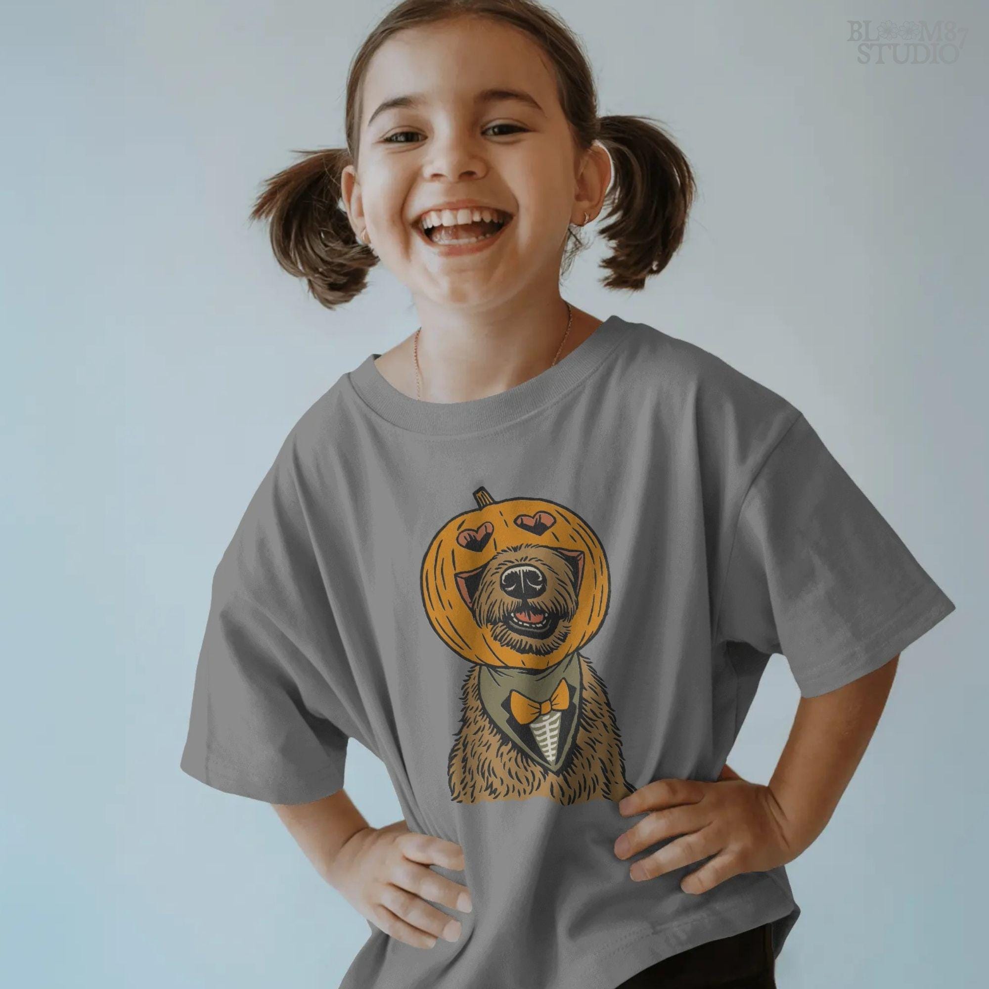 Solid version: "Dog with pumpkin jack o lantern head wearing bow tie, Halloween sublimation PNG, solid version"

Distressed version: "Halloween dog with pumpkin head costume and bow tie, sublimation PNG design, vintage distressed style"