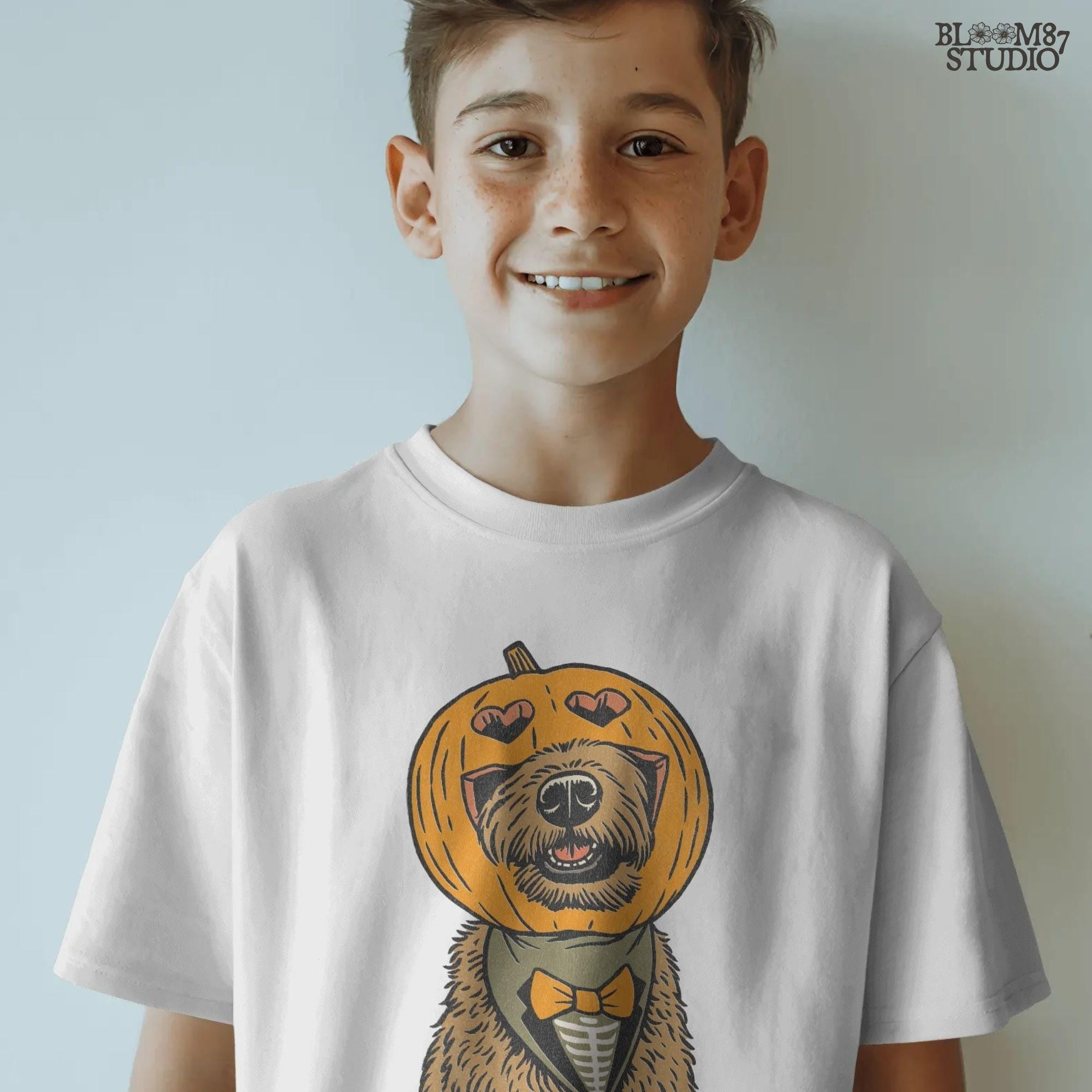 Solid version: "Dog with pumpkin jack o lantern head wearing bow tie, Halloween sublimation PNG, solid version"

Distressed version: "Halloween dog with pumpkin head costume and bow tie, sublimation PNG design, vintage distressed style"