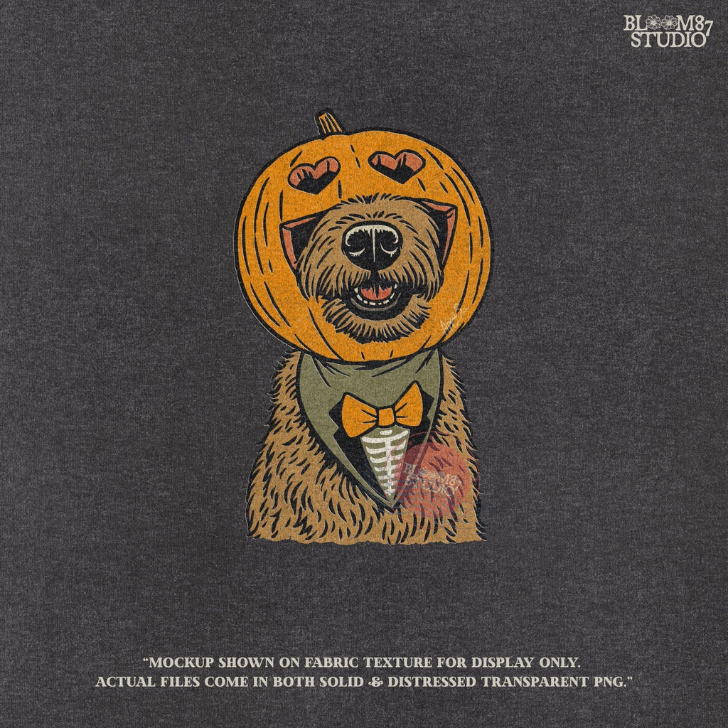 Solid version: "Dog with pumpkin jack o lantern head wearing bow tie, Halloween sublimation PNG, solid version"

Distressed version: "Halloween dog with pumpkin head costume and bow tie, sublimation PNG design, vintage distressed style"