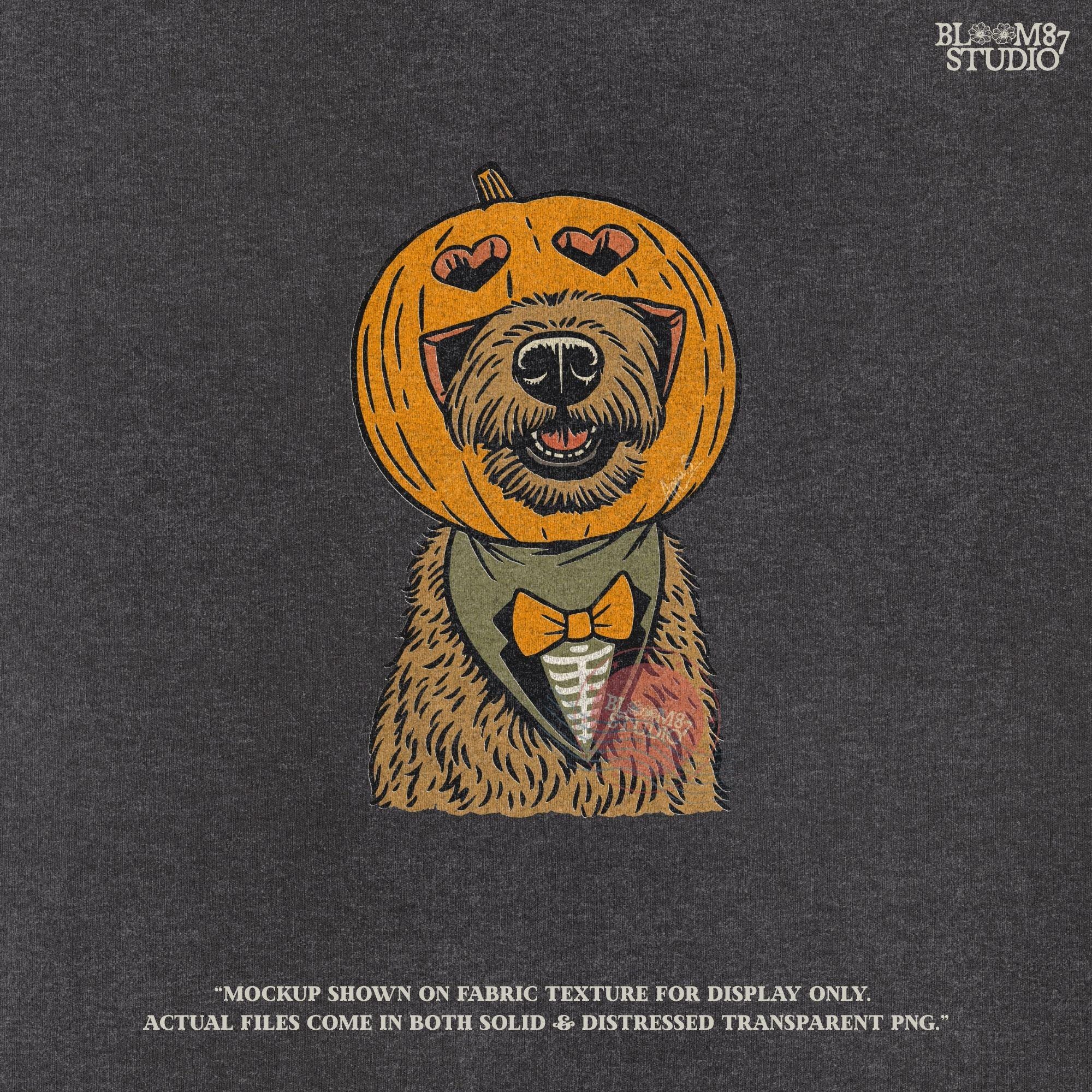 Solid version: "Dog with pumpkin jack o lantern head wearing bow tie, Halloween sublimation PNG, solid version"

Distressed version: "Halloween dog with pumpkin head costume and bow tie, sublimation PNG design, vintage distressed style"