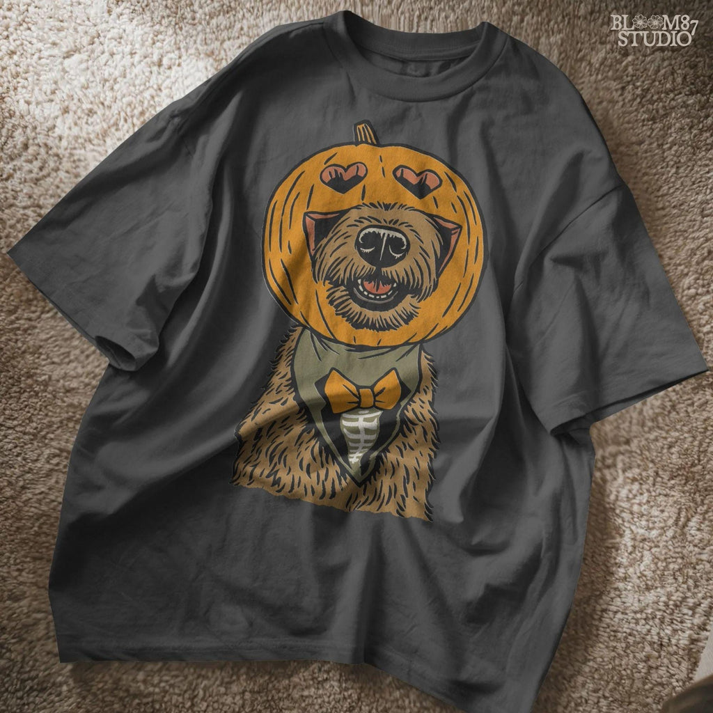 Solid version: "Dog with pumpkin jack o lantern head wearing bow tie, Halloween sublimation PNG, solid version"

Distressed version: "Halloween dog with pumpkin head costume and bow tie, sublimation PNG design, vintage distressed style"