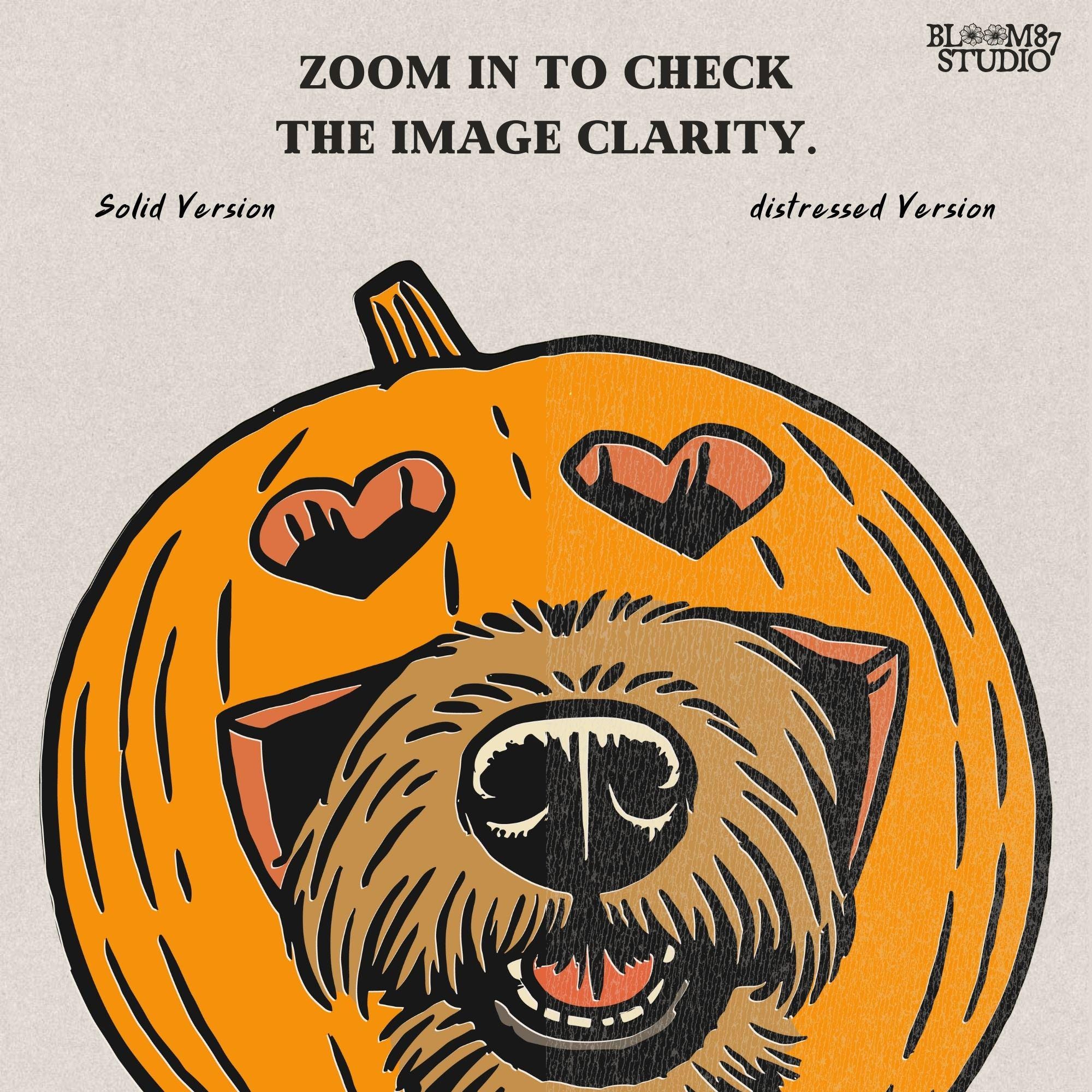 Solid version: "Dog with pumpkin jack o lantern head wearing bow tie, Halloween sublimation PNG, solid version"

Distressed version: "Halloween dog with pumpkin head costume and bow tie, sublimation PNG design, vintage distressed style"