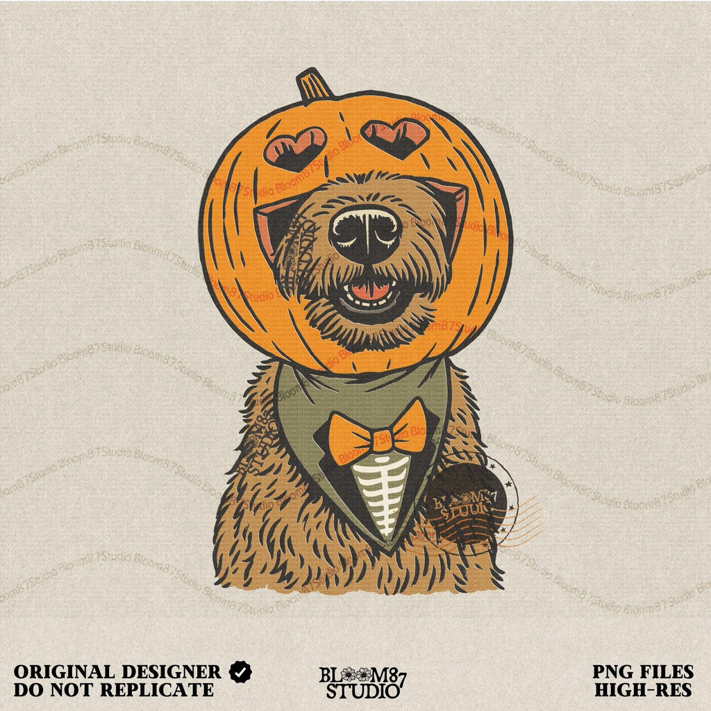 Solid version: "Dog with pumpkin jack o lantern head wearing bow tie, Halloween sublimation PNG, solid version"

Distressed version: "Halloween dog with pumpkin head costume and bow tie, sublimation PNG design, vintage distressed style"
