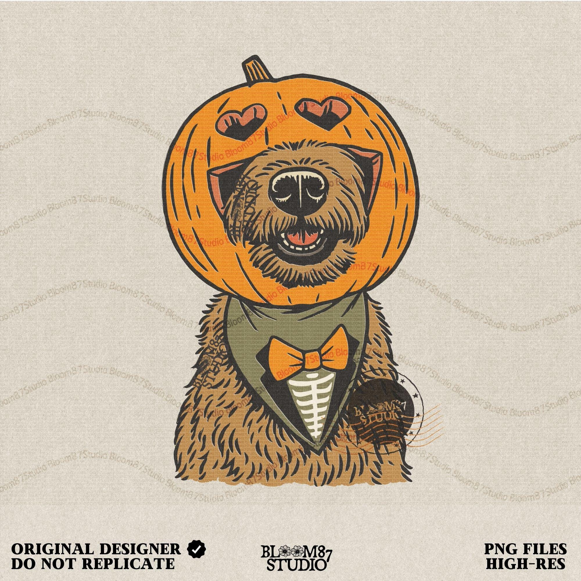 Solid version: "Dog with pumpkin jack o lantern head wearing bow tie, Halloween sublimation PNG, solid version"

Distressed version: "Halloween dog with pumpkin head costume and bow tie, sublimation PNG design, vintage distressed style"